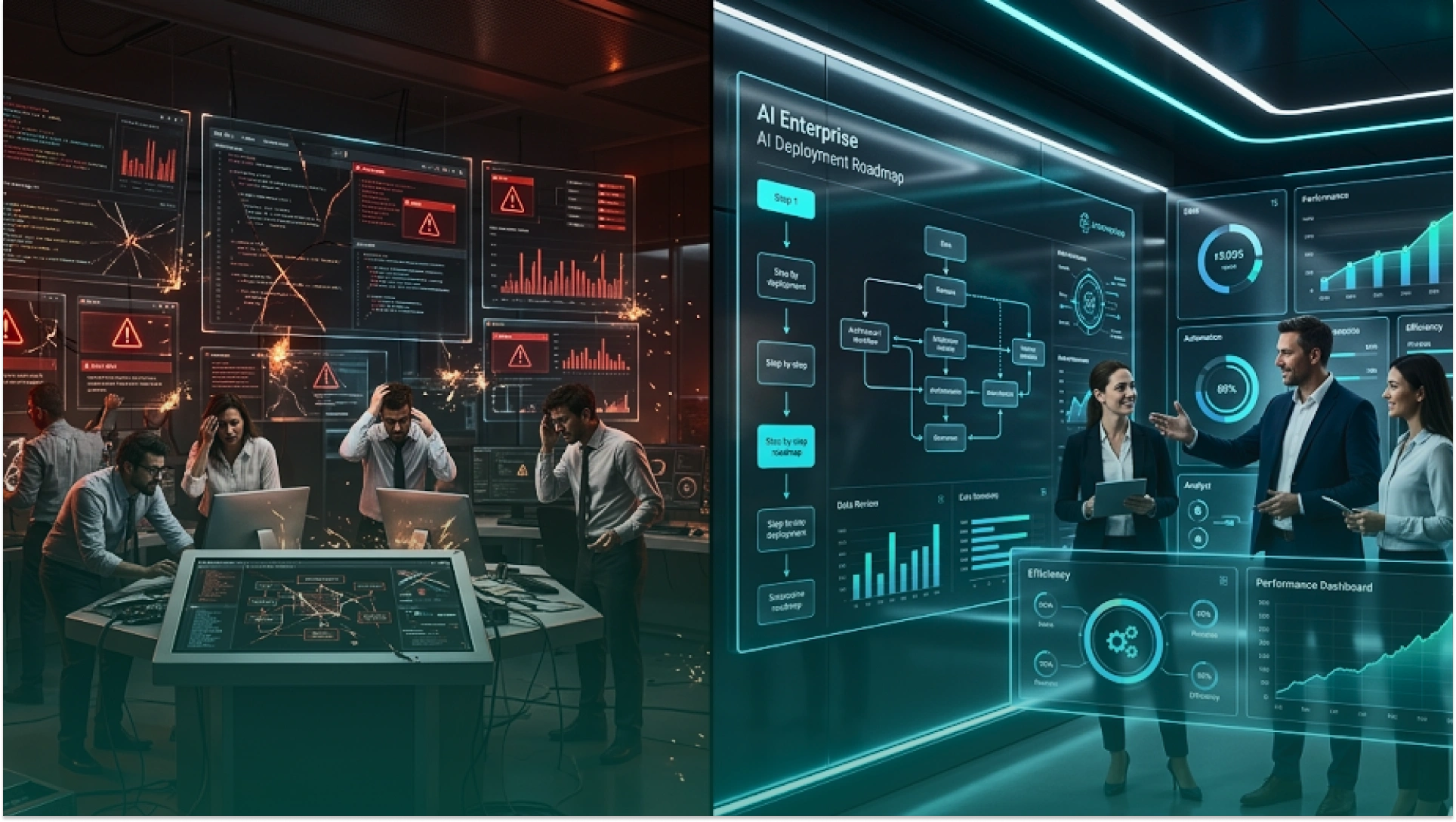 Split-screen comparison of a failed AI project environment and a successful AI enterprise deployment roadmap with dashboards and performance metrics.