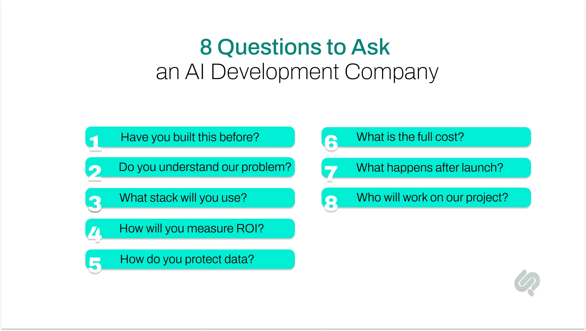 Infographic listing 8 important questions to ask an AI development company before hiring, covering experience, ROI, data protection, pricing, support, and delivery team.