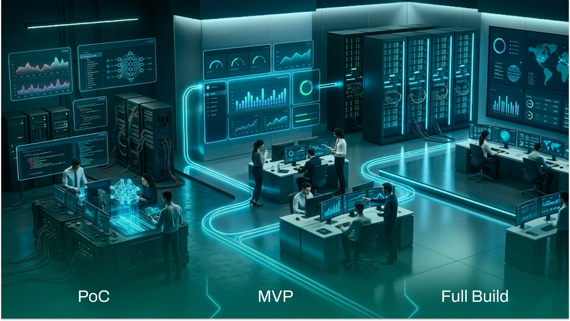 Visual roadmap showing AI project stages from PoC to MVP to full build inside a futuristic AI development and deployment environment.