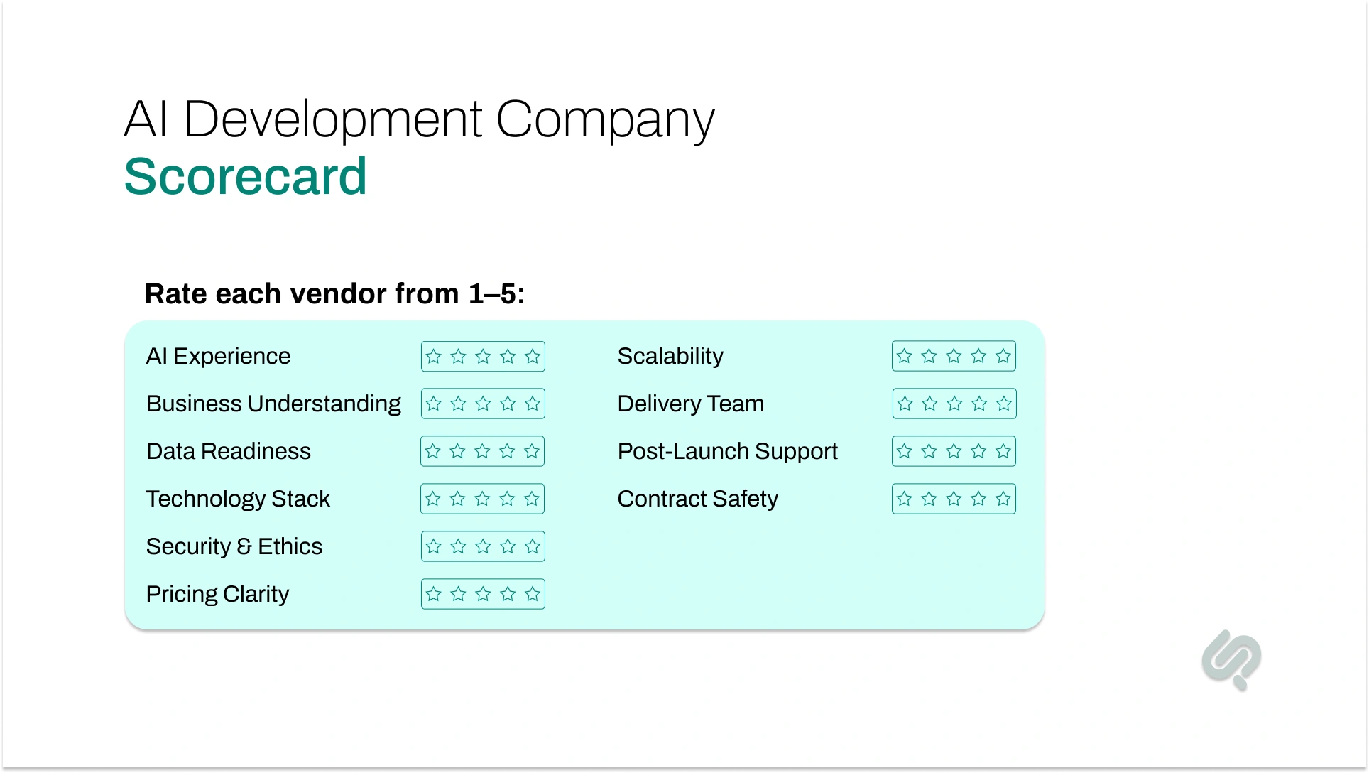 AI development company evaluation scorecard with vendor rating criteria such as AI experience, data readiness, technology stack, security, pricing, scalability, and post-launch support.