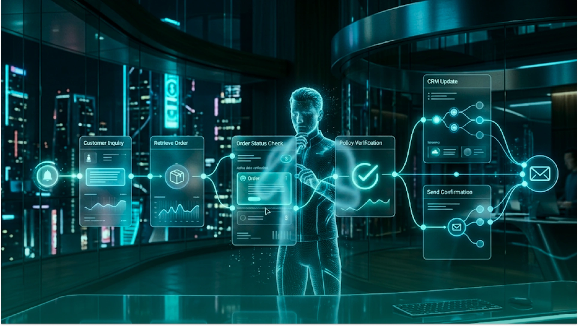 Enterprise AI agent workflow automating customer inquiries, order retrieval, policy verification, CRM updates, and confirmation emails.