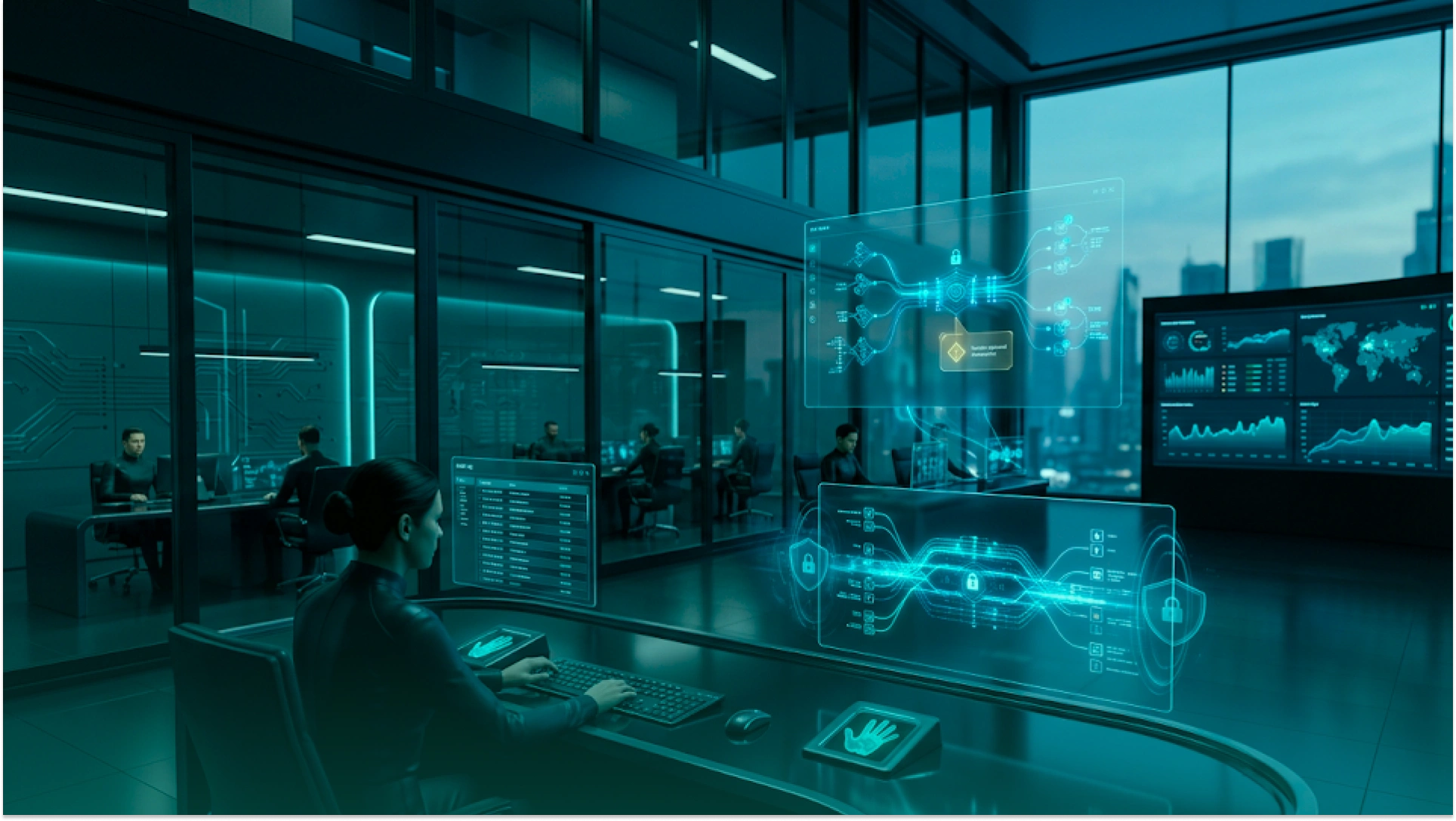 Enterprise AI agent control room showing secure workflow automation, data processing, and real-time business system monitoring.