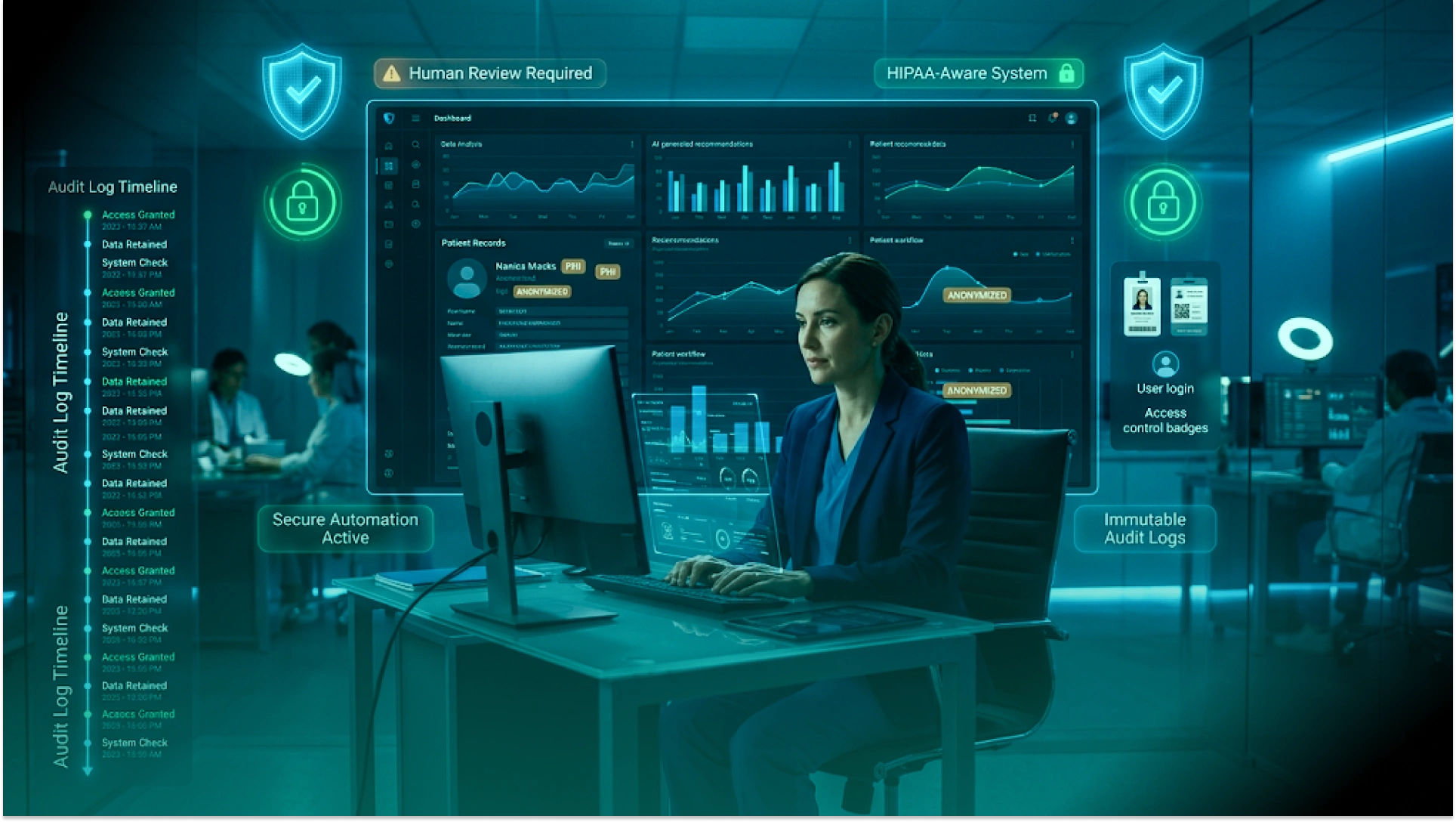 HIPAA-aware healthcare automation system showing audit logs, access controls, human review, and secure patient data workflows.