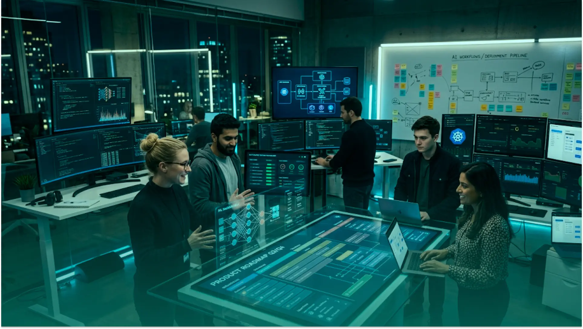 AI app development team planning a product roadmap with AI workflow dashboards, code screens, and deployment pipeline visuals.