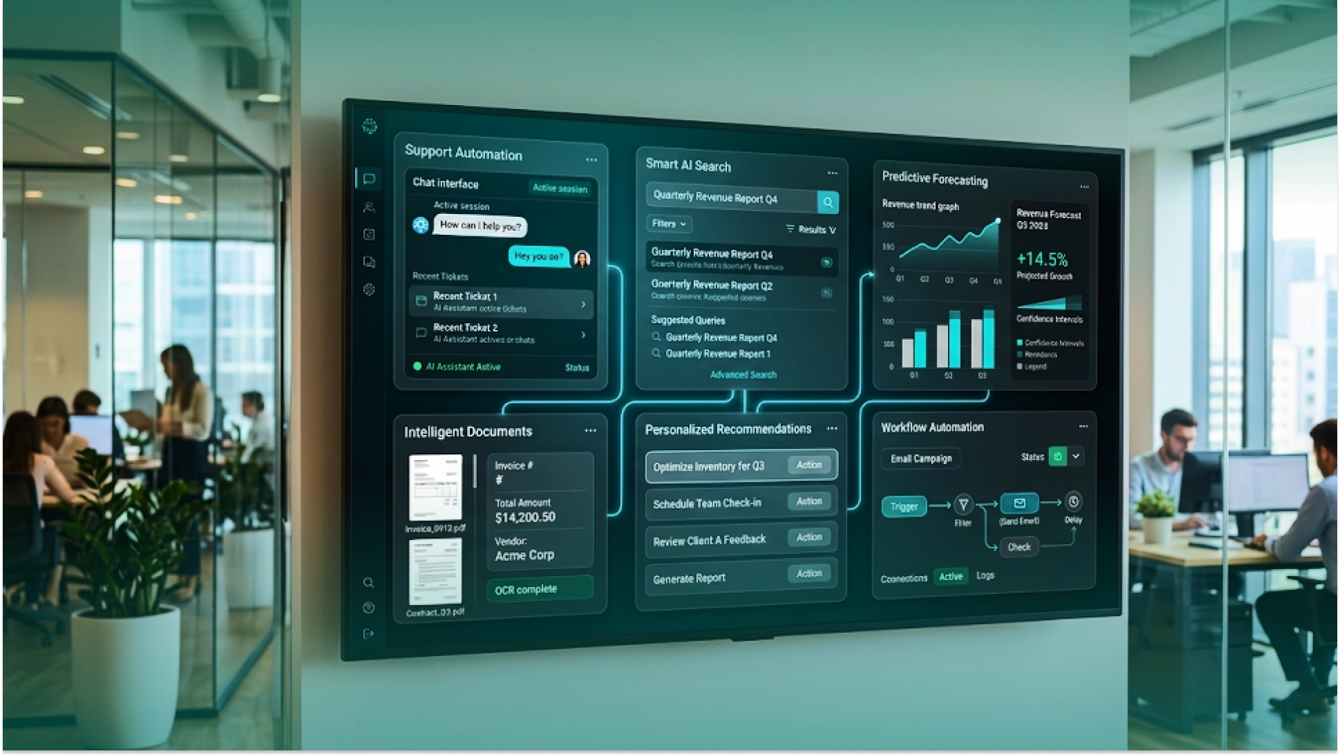 Business dashboard displaying AI-powered features including support automation, smart search, predictive forecasting, intelligent document processing, recommendations, and workflow automation.
