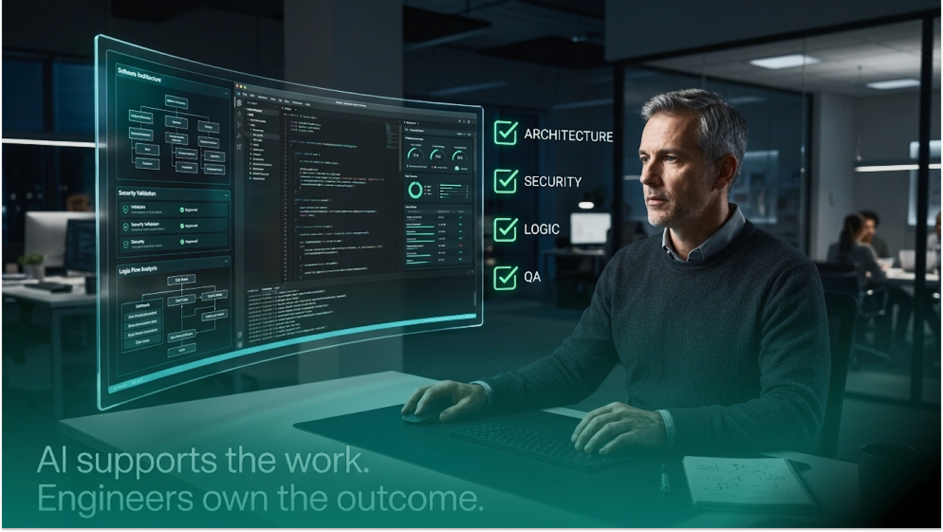 Software engineer reviewing AI-generated code, architecture, security, logic, and QA to ensure human-led software development quality