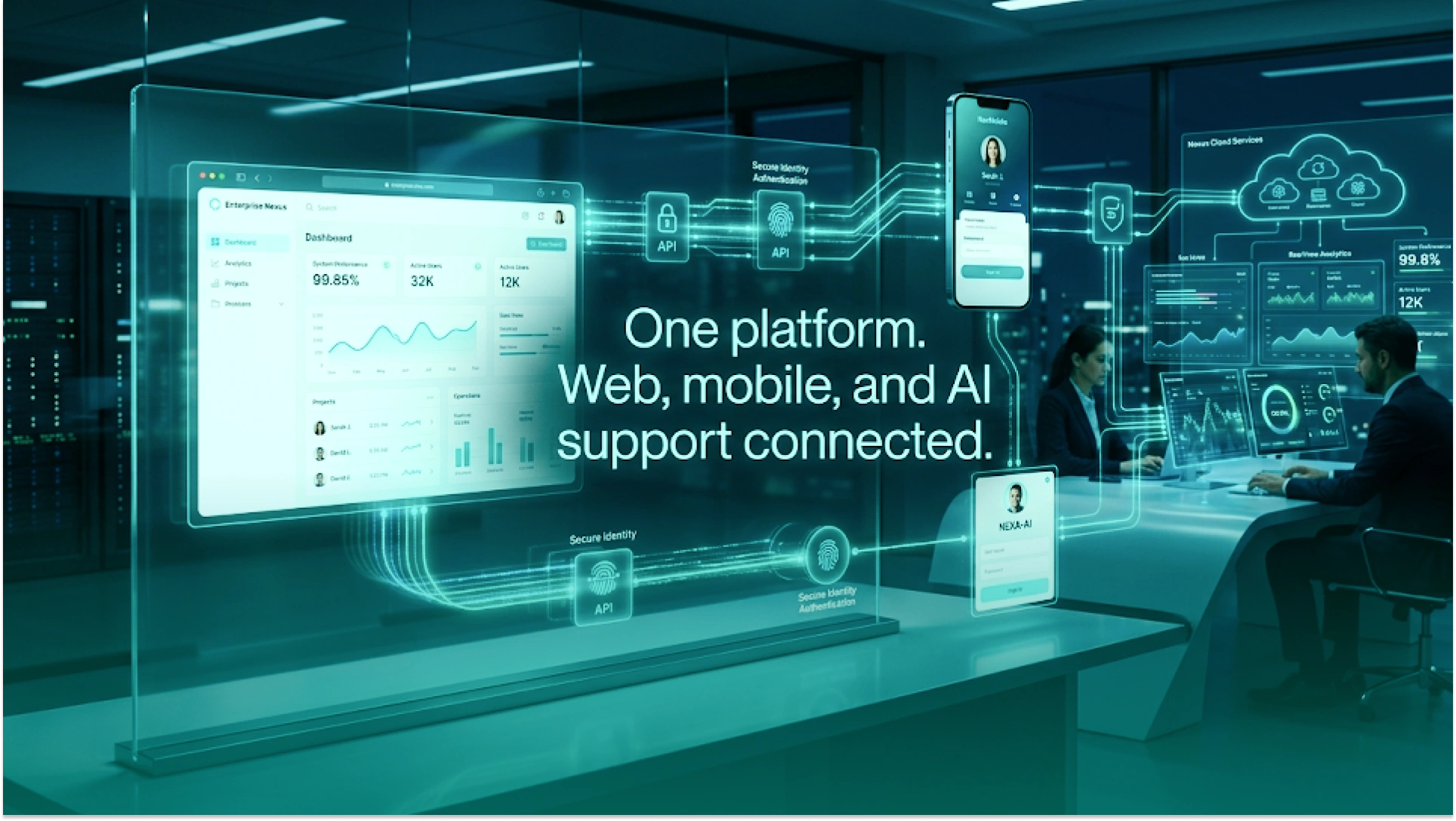 AI-first software development platform connecting web, mobile, APIs, and AI assistants through a unified enterprise dashboard