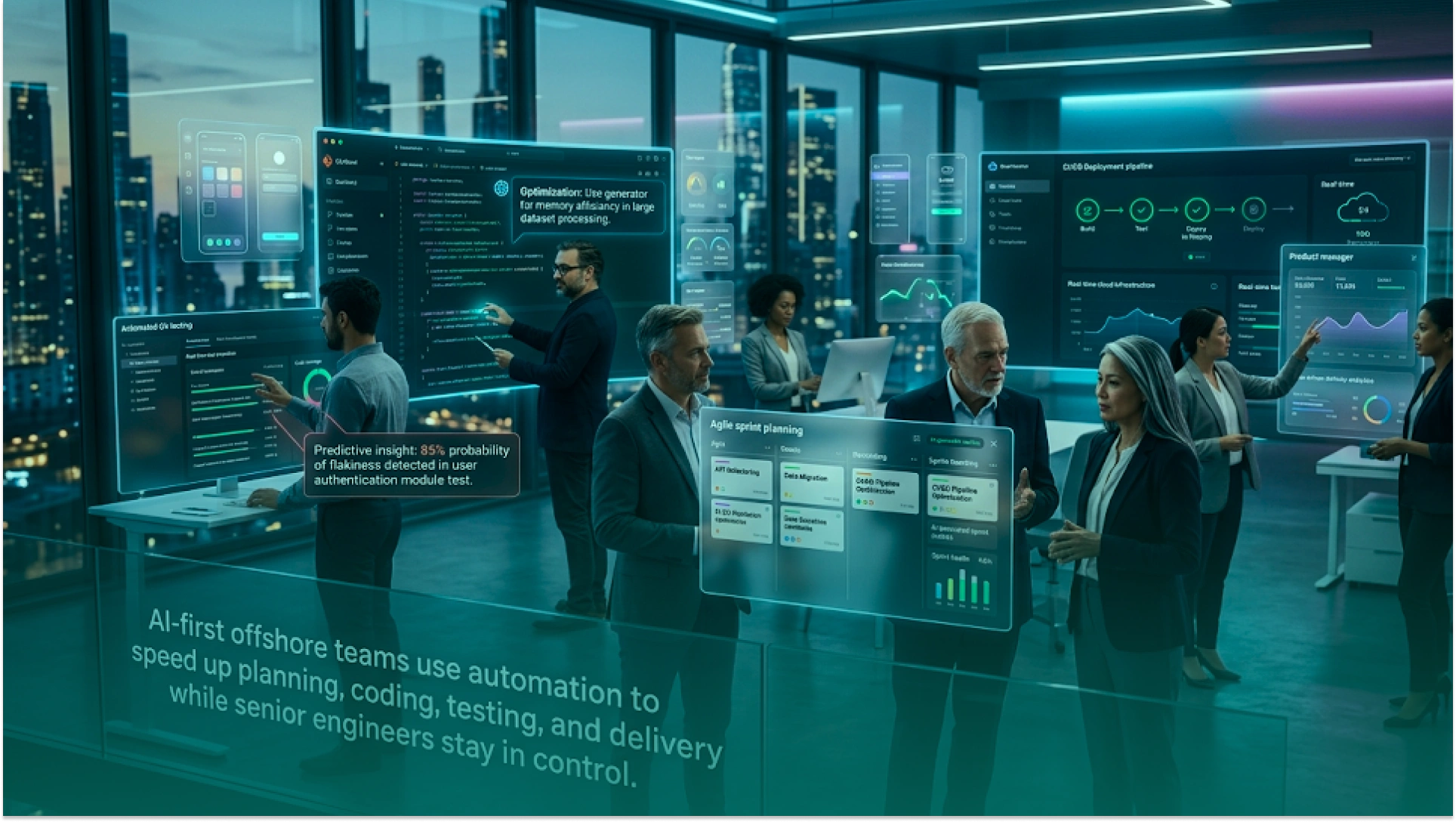 AI-first offshore software development team using automation, code generation, testing, and project management tools to accelerate product delivery while senior engineers oversee development
