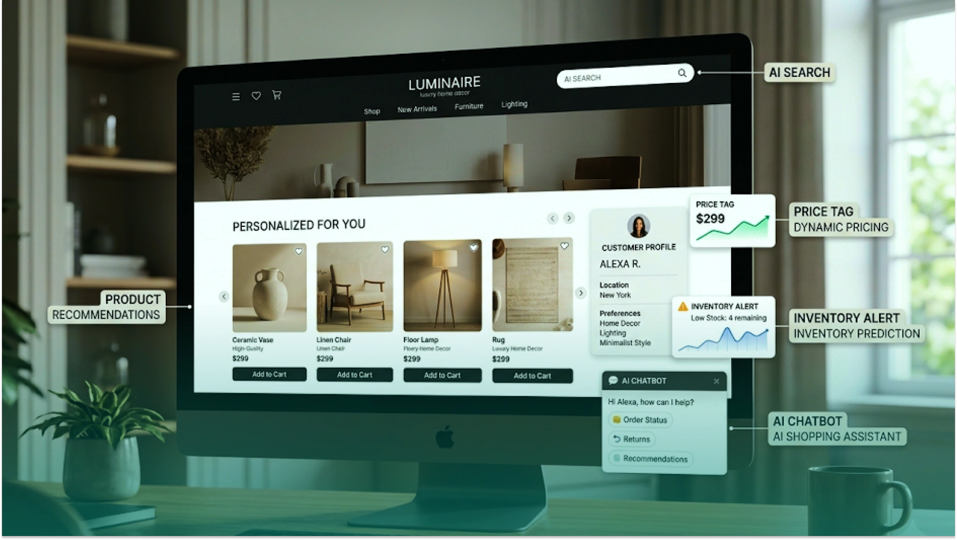 Alt text: AI-powered eCommerce dashboard displaying personalized product recommendations, AI search, dynamic pricing, inventory prediction, customer profiles, and an AI shopping assistant on an online retail website.