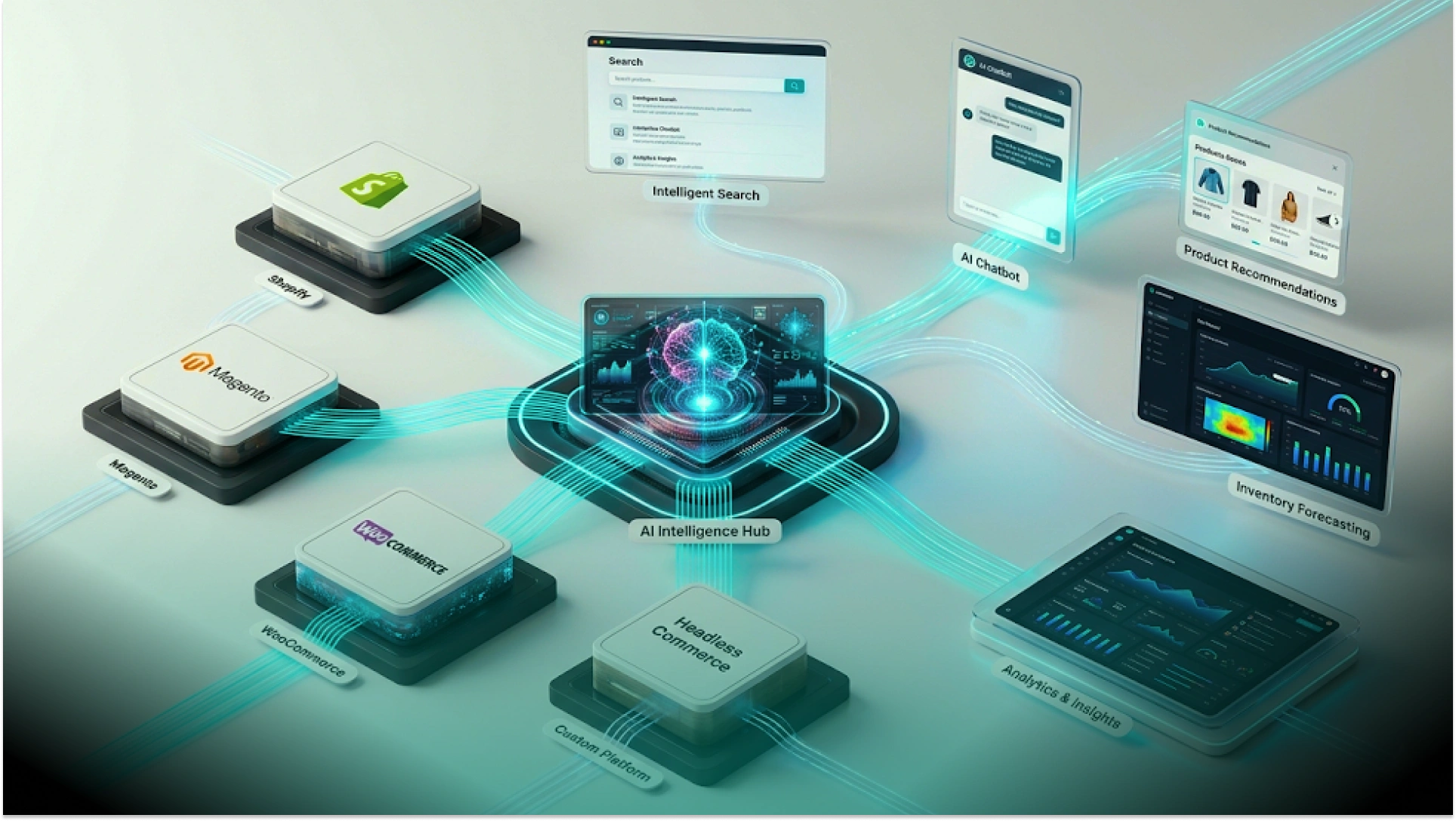 Alt text: Illustration of an AI integration architecture connecting Shopify, Magento, WooCommerce, and custom commerce platforms to a central AI intelligence hub for search, chatbots, product recommendations, inventory forecasting, and analytics.