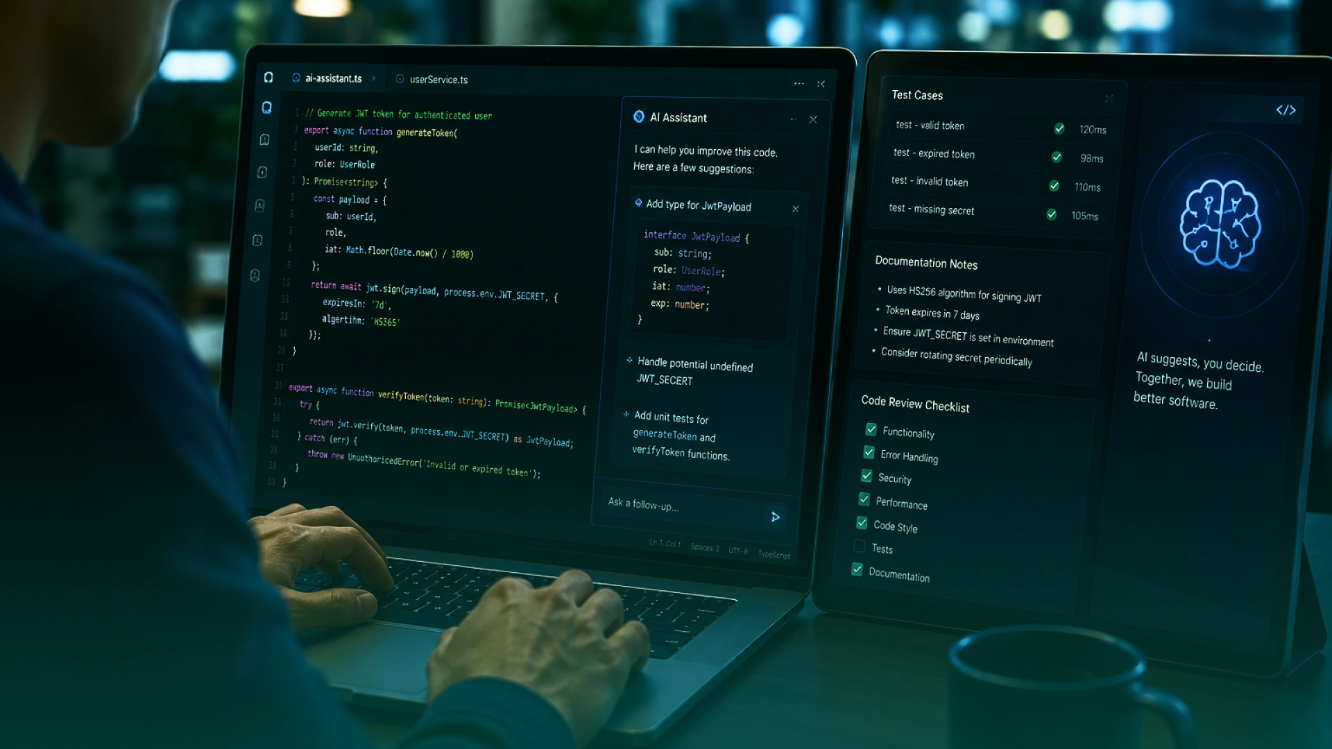 Developer using an AI coding assistant for code review, documentation, testing, and software development improvements.