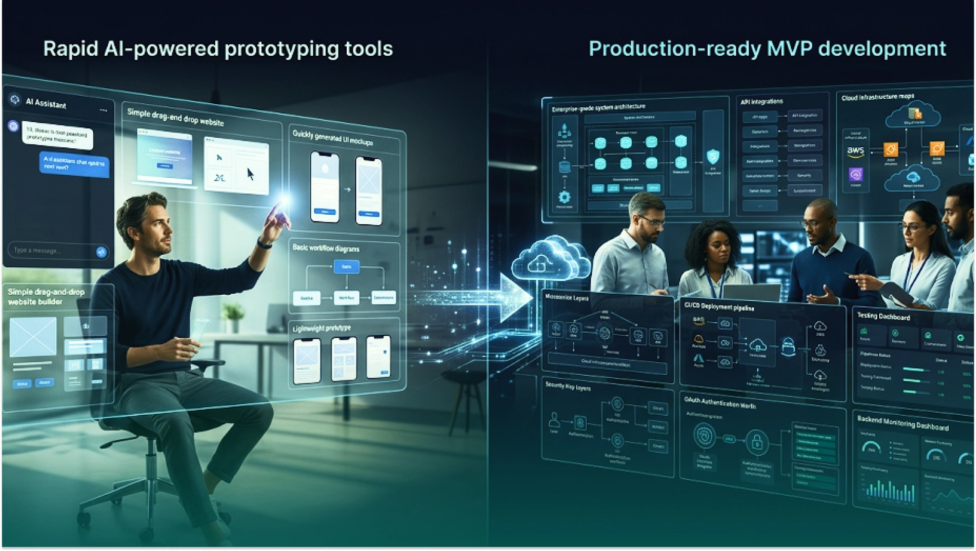 Comparison of AI-powered prototyping tools and professional MVP development services for building production-ready software products.