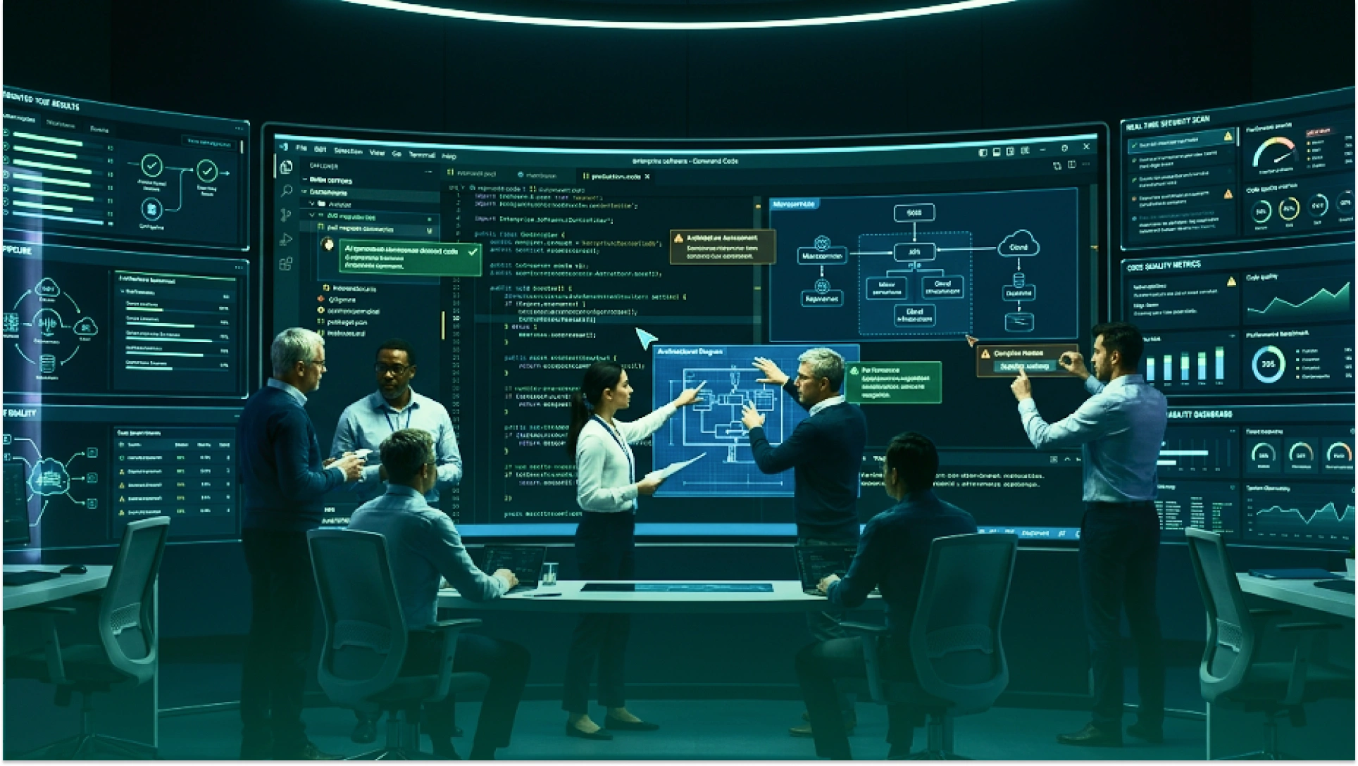 Software engineering team reviewing AI-generated code, system architecture, and quality dashboards during an MVP development planning session.