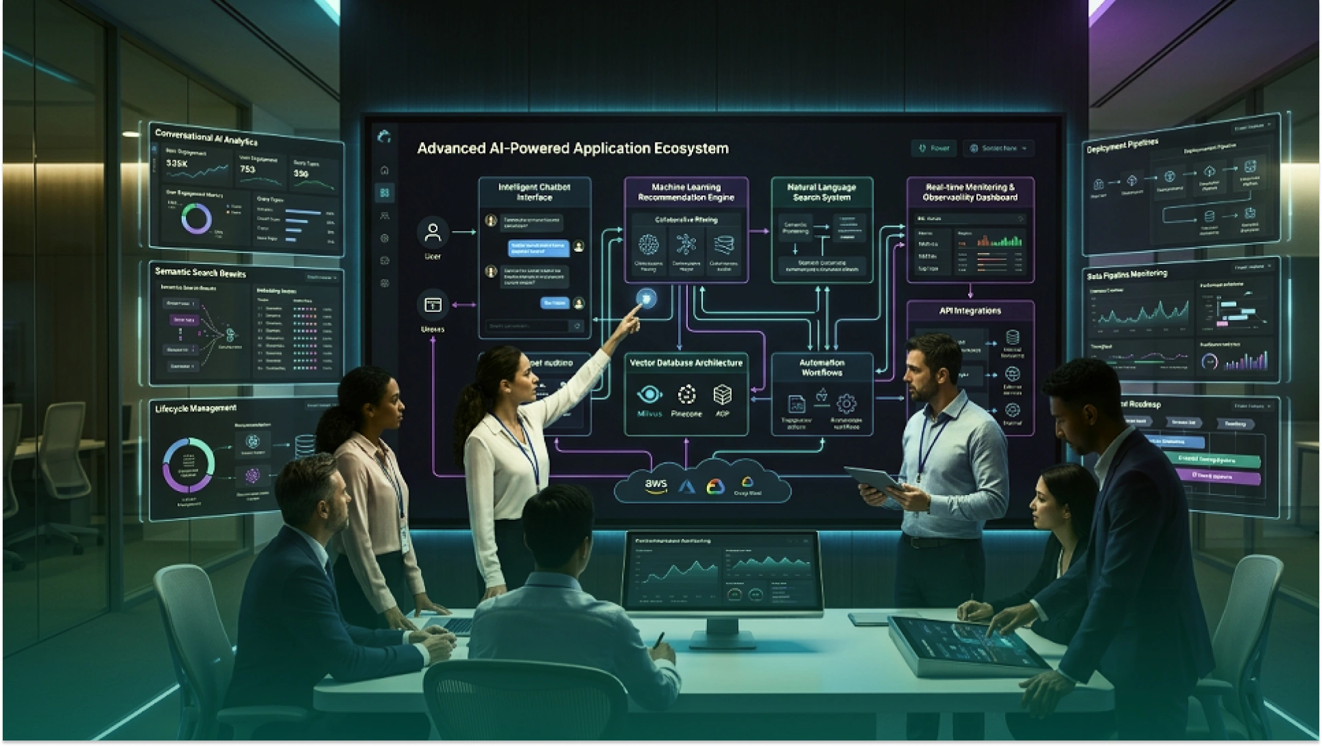 Team of software professionals reviewing an AI-powered application architecture dashboard with machine learning workflows, automation pipelines, analytics, and cloud infrastructure.