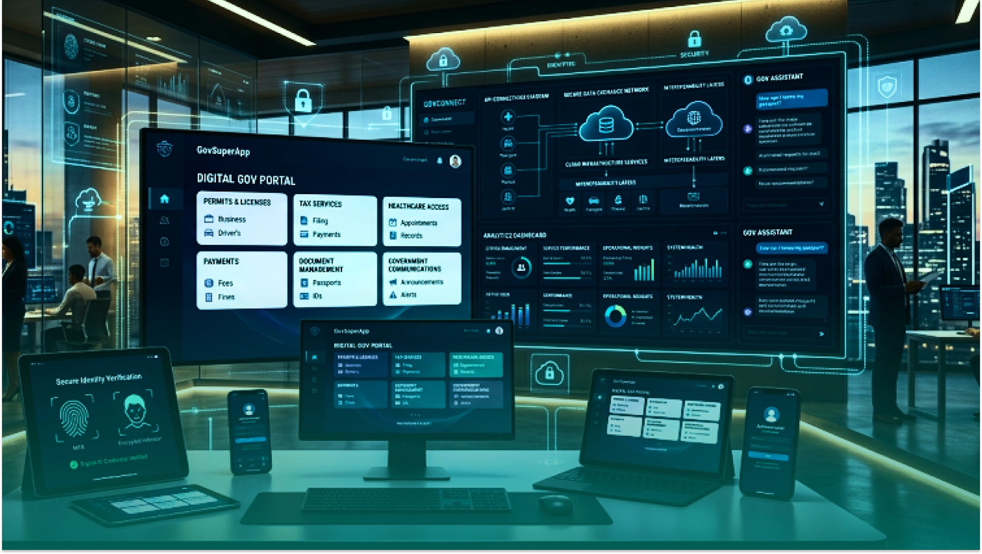 Modern digital government super app dashboard displaying citizen services, cloud infrastructure, secure authentication, analytics, and AI-powered public service management.