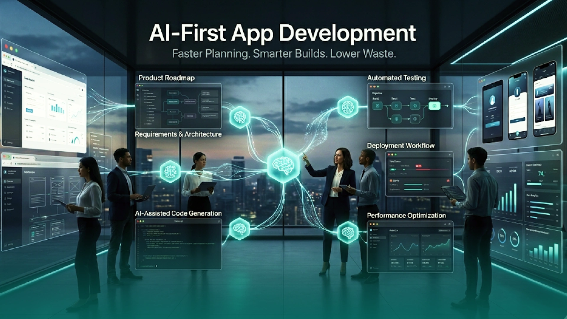 Team collaborating on AI-first web and mobile app development with automated planning, testing, deployment, and performance optimization workflows.