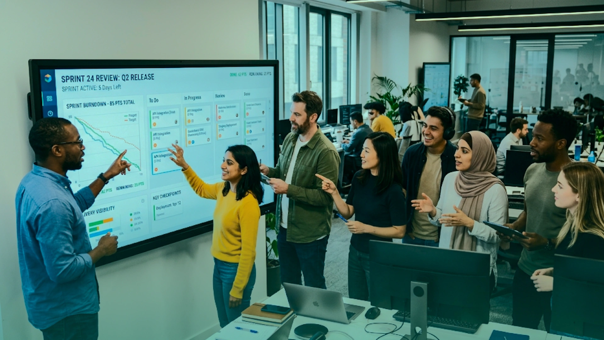 Agile software development team reviewing sprint dashboard, burndown chart, and project progress during a sprint review meeting.