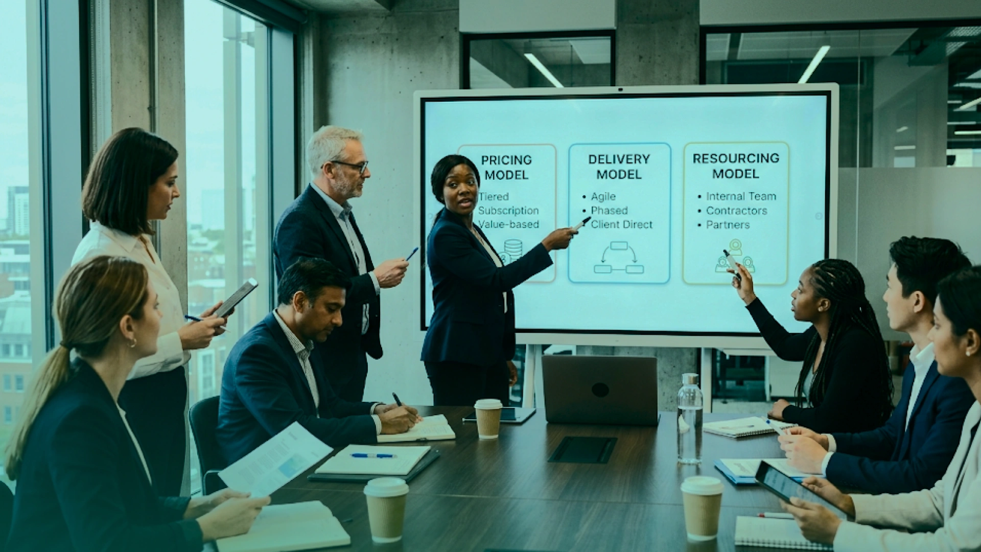 Comparison diagram showing Time and Material vs Fixed Price engagement models based on scope, budget, flexibility, speed, and client involvement.