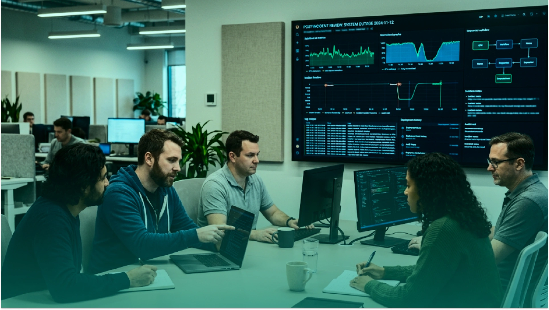 Security operations team responding to a live cloud outage while monitoring real-time alerts, infrastructure health, and incident dashboards in a network operations center.