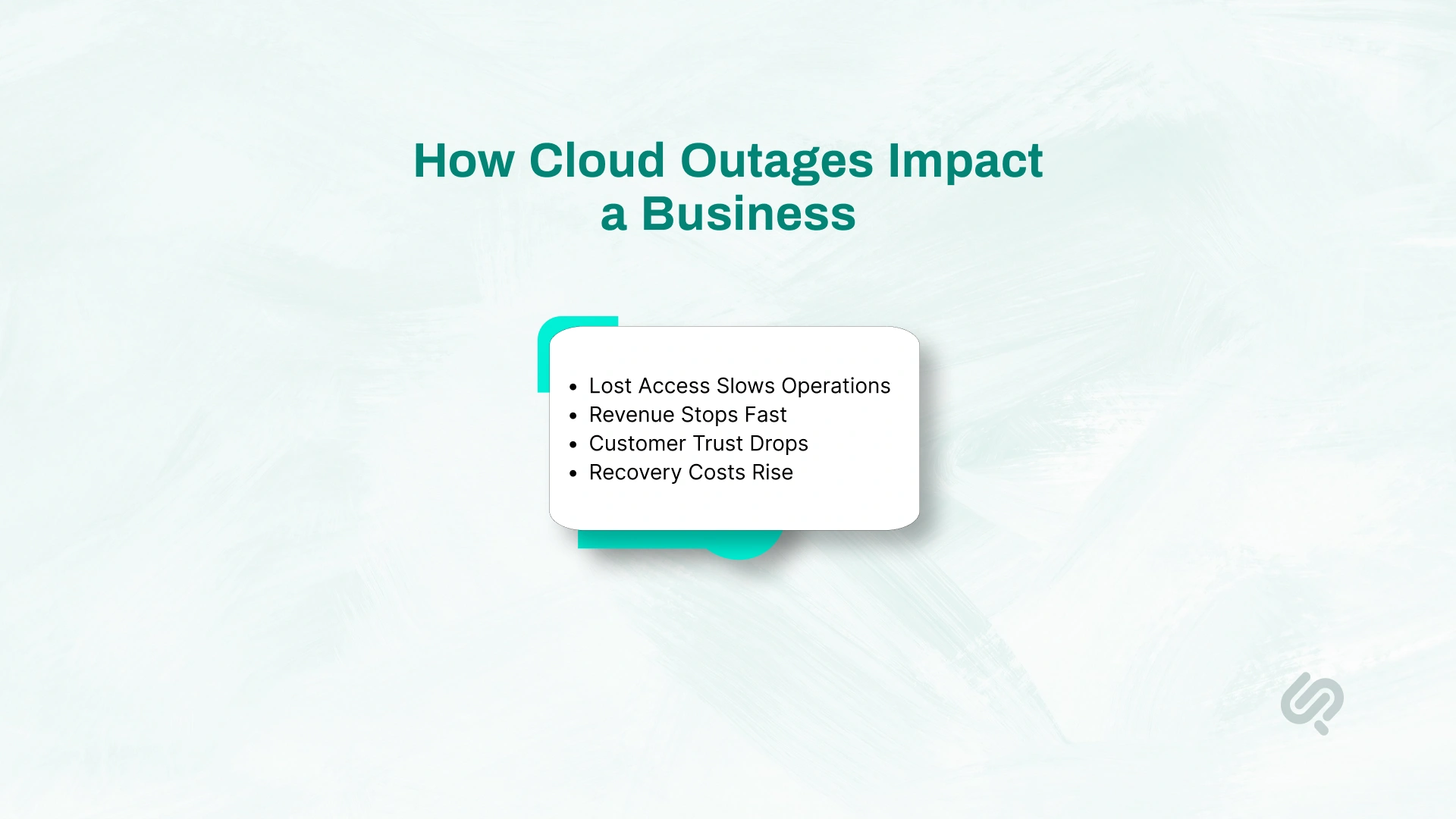 Infographic showing how cloud outages impact a business by slowing operations, stopping revenue, reducing customer trust, and increasing recovery costs.