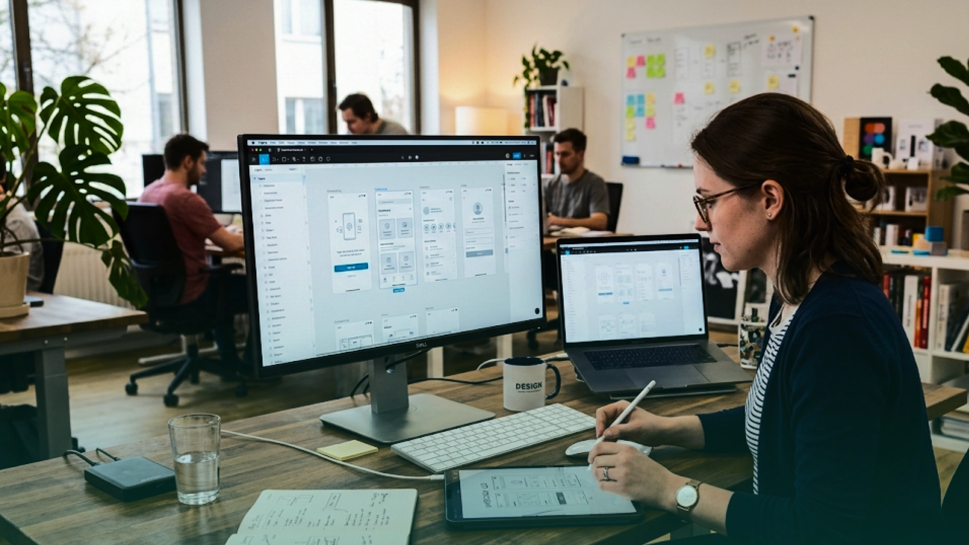 Product designer creating a SaaS application interface in a collaborative office using UI and UX design tools.