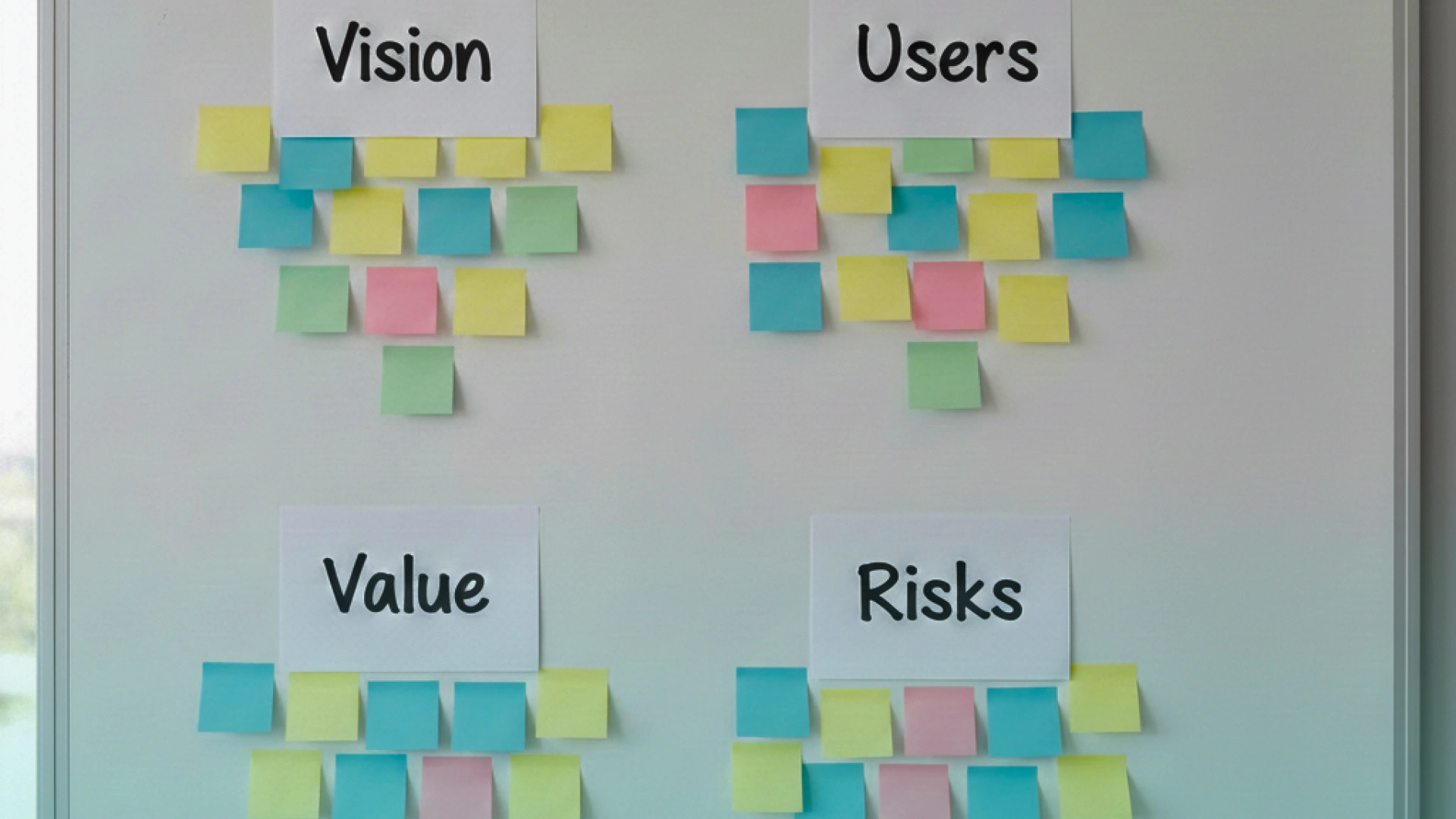 Project initiation planning board showing vision, users, value, and risks organized with sticky notes for project kickoff.