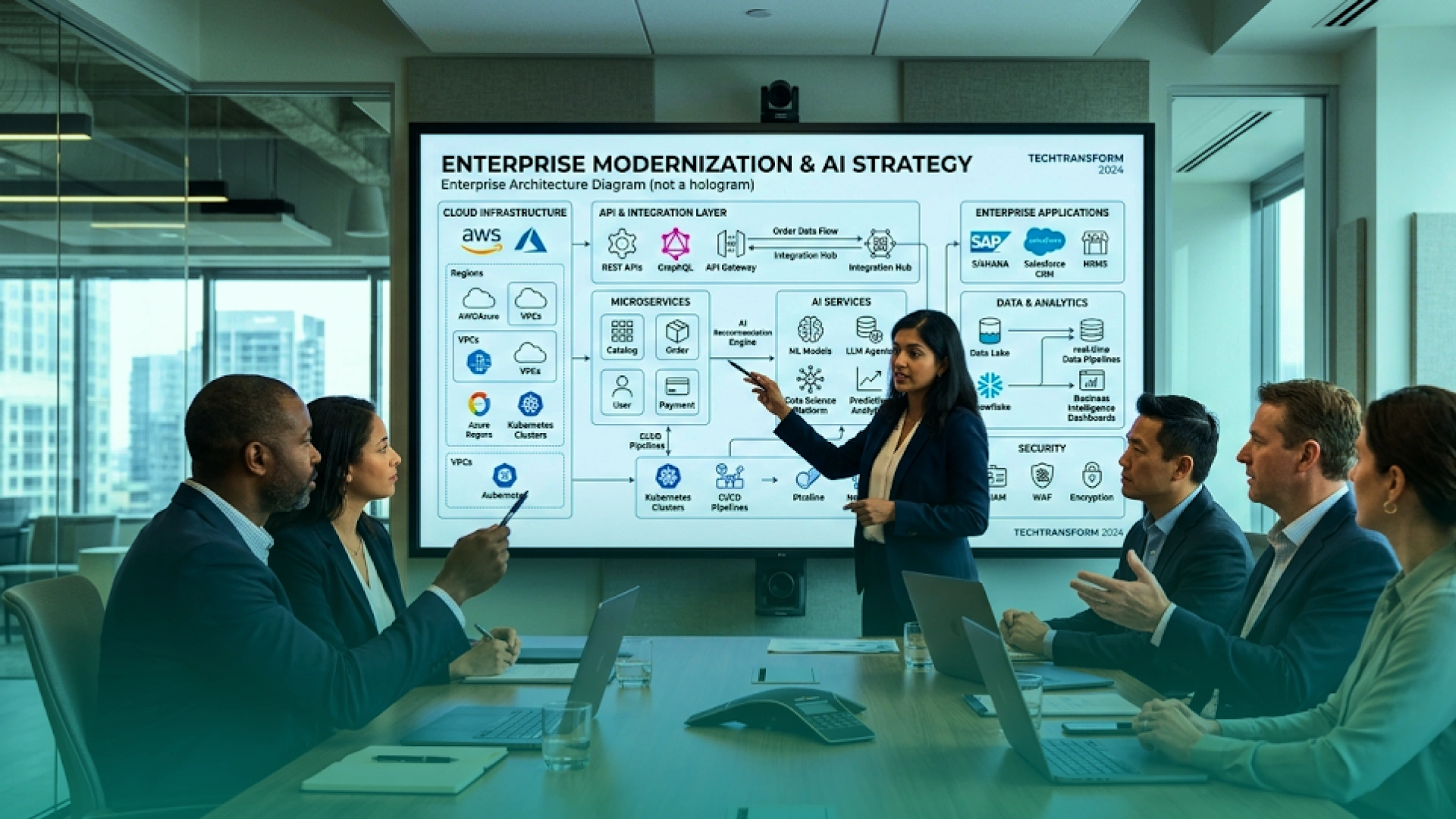 Enterprise leaders reviewing an AI readiness and legacy modernization architecture during a strategy meeting.