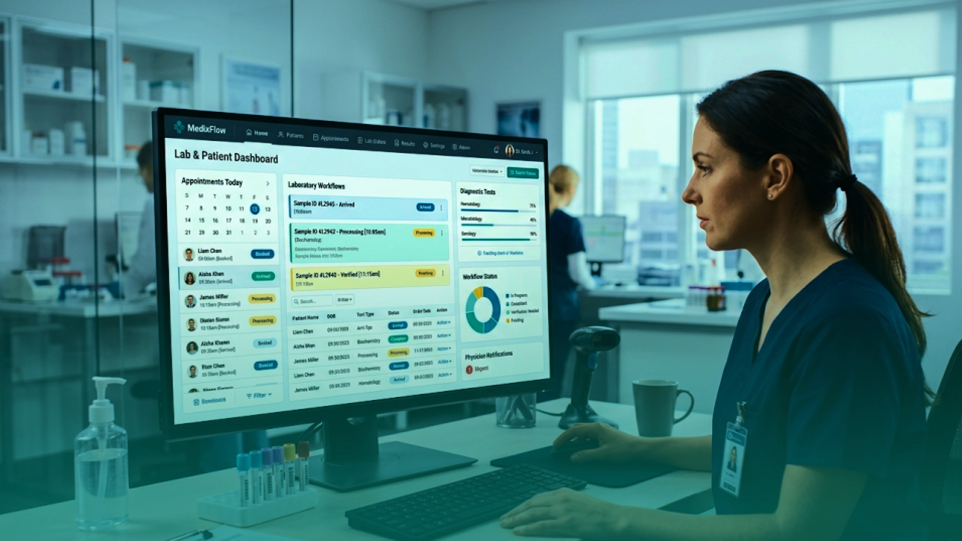 Healthcare professional using a modern lab and patient dashboard to manage appointments, test workflows, and diagnostic results.