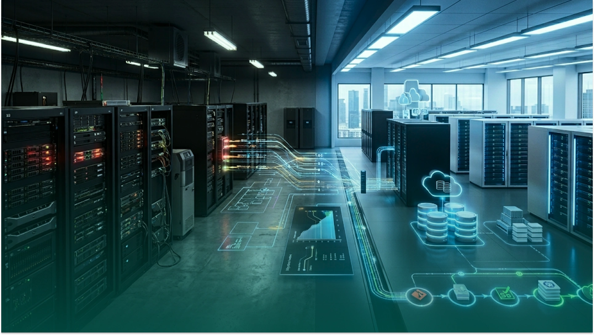 Split-view server environment showing an outdated on-premises data center transitioning to modern cloud infrastructure through connected digital workflows.