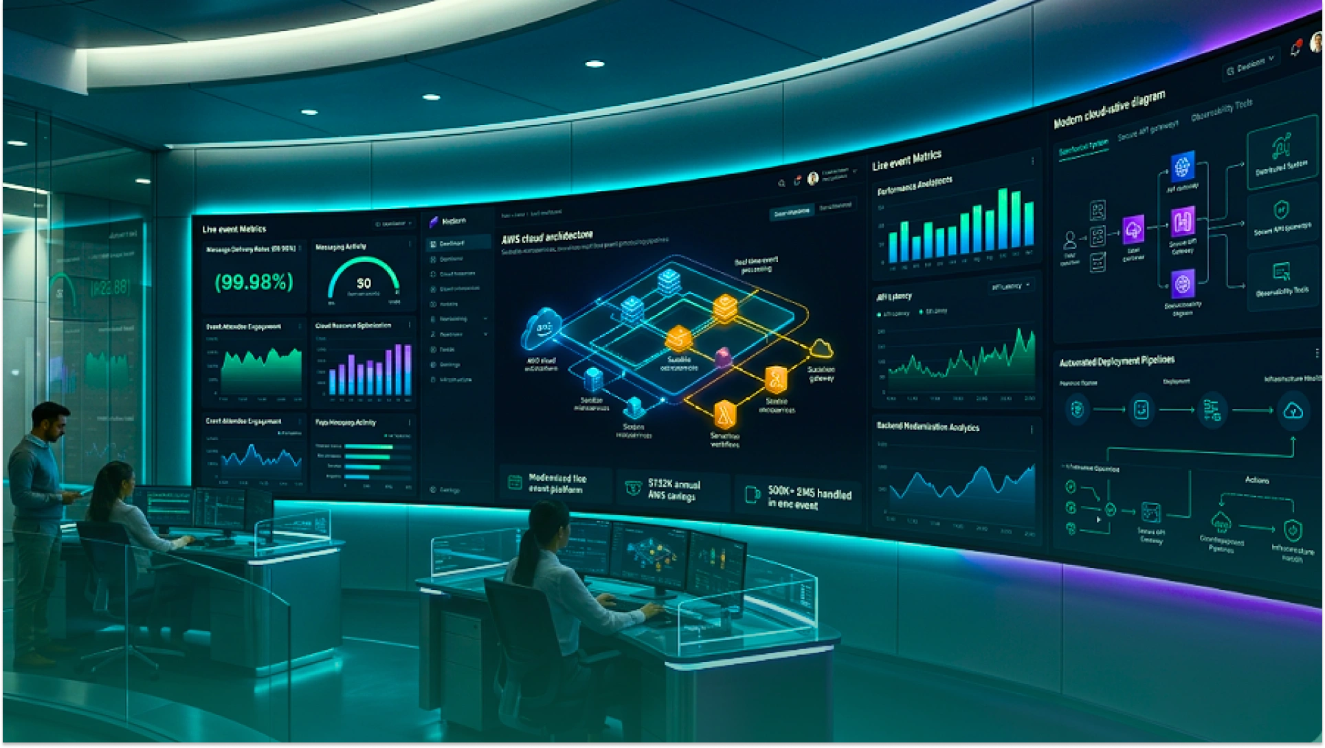 Technology operations team monitoring a modernized cloud platform through dashboards displaying system performance, infrastructure architecture, analytics, and automated deployment pipelines.
