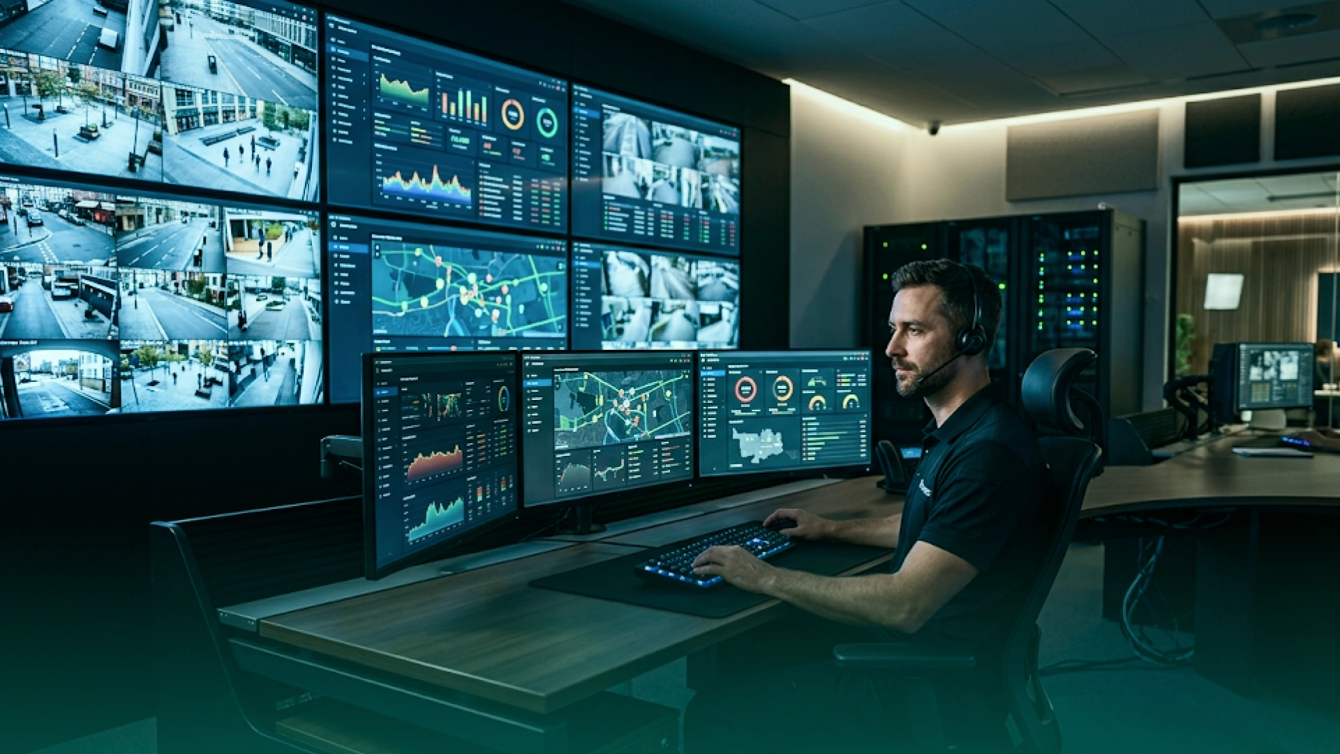 IT operations specialist monitoring AI-powered dashboards, security cameras, and real-time system analytics in a control room.