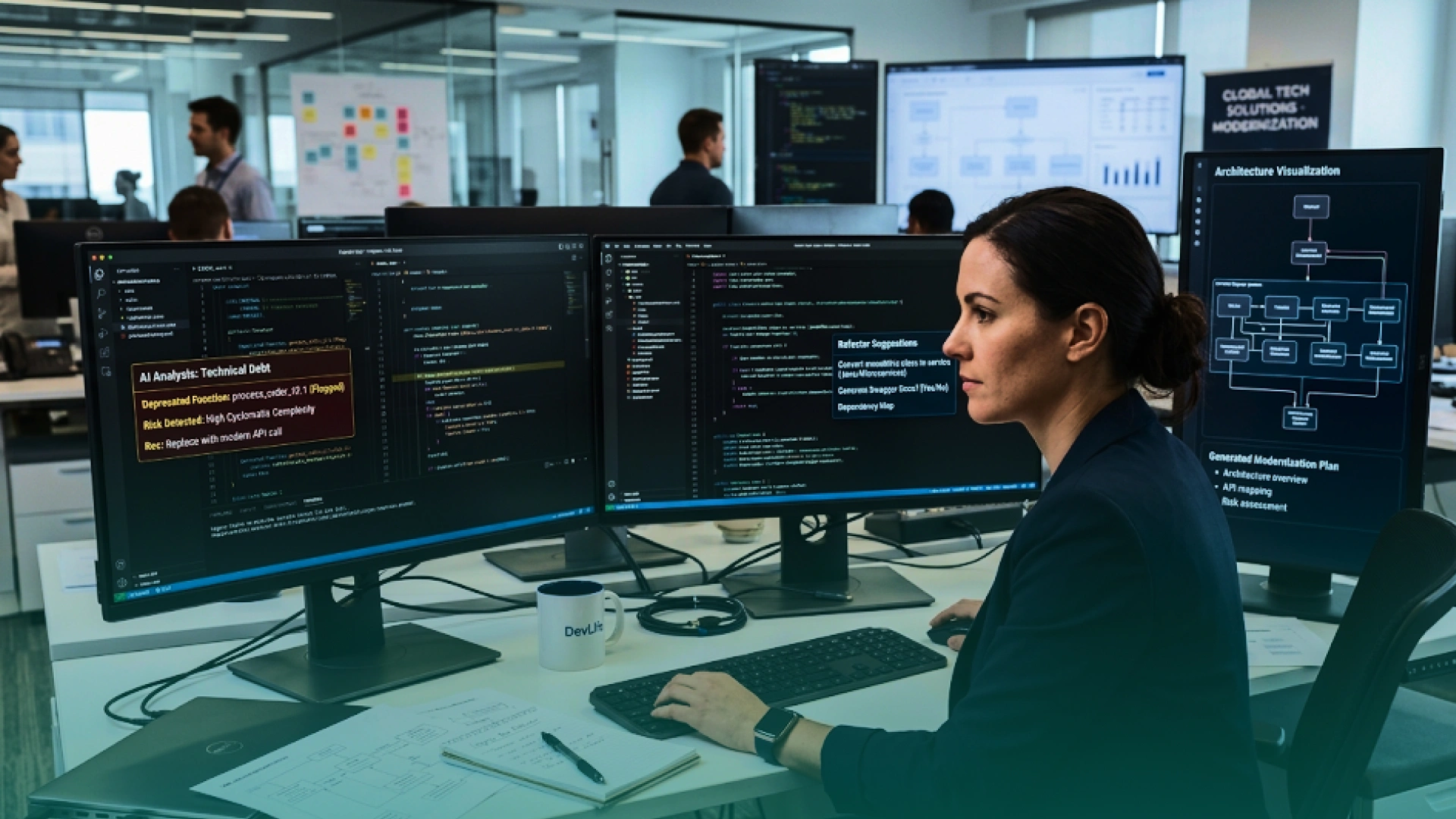 Software engineer using AI-assisted code analysis and architecture tools to plan a legacy application modernization.