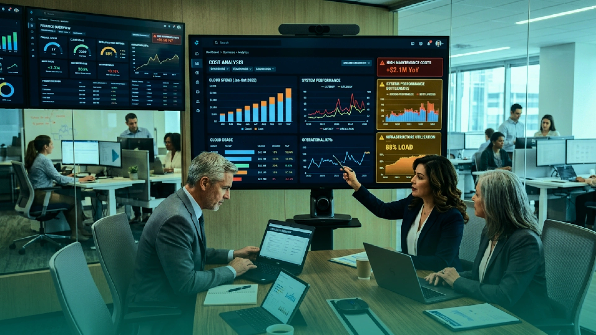 Business leaders reviewing legacy system costs, infrastructure performance, and operational risks on digital dashboards.