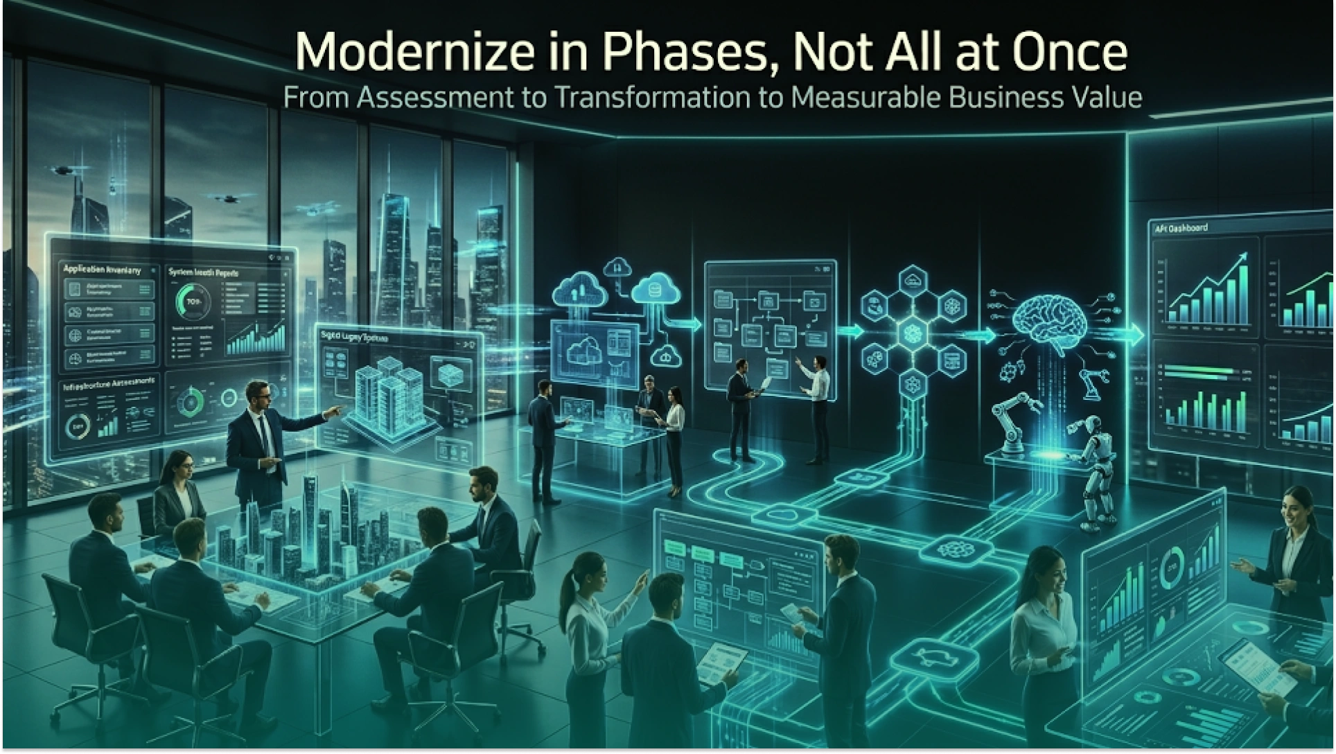 Technology and business teams managing a phased legacy modernization programme using cloud infrastructure, system integration, automation, AI, and performance dashboards.