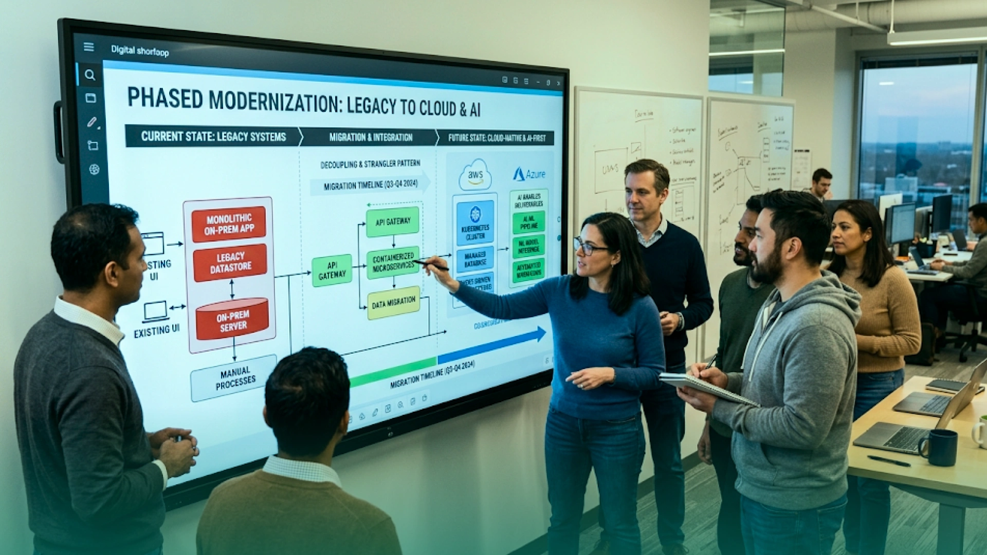 Technology team planning a phased legacy modernization from an on-premises system to cloud-native, API-connected, and AI-ready architecture.