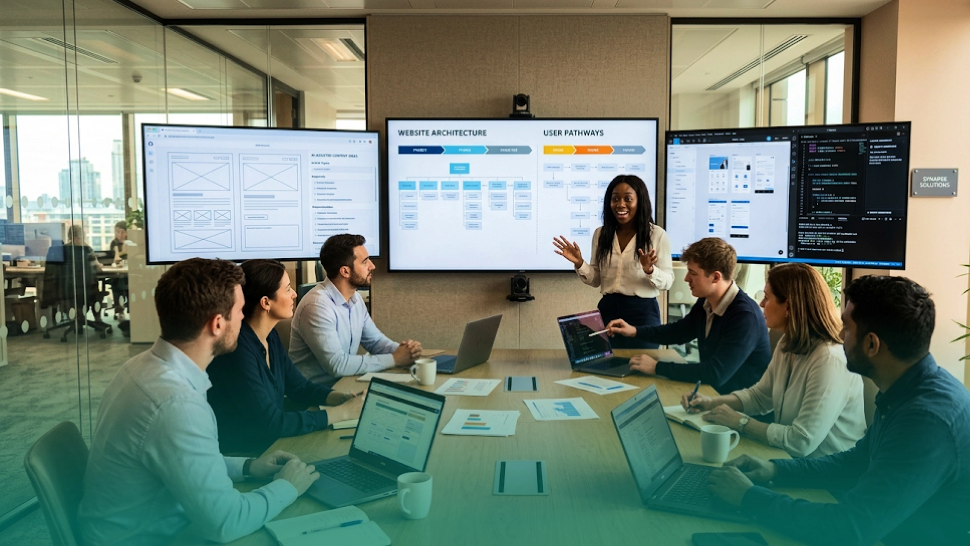 Web development team reviewing website architecture, user pathways, wireframes, interface designs, and code during a collaborative planning meeting.