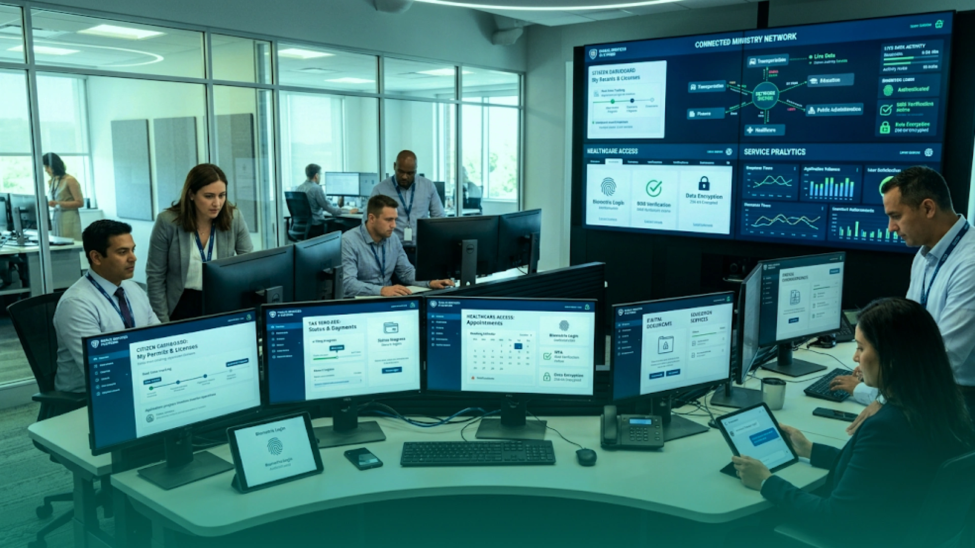 Government technology team operating a secure digital services platform with identity verification, healthcare access, document management, analytics, and connected ministry systems.