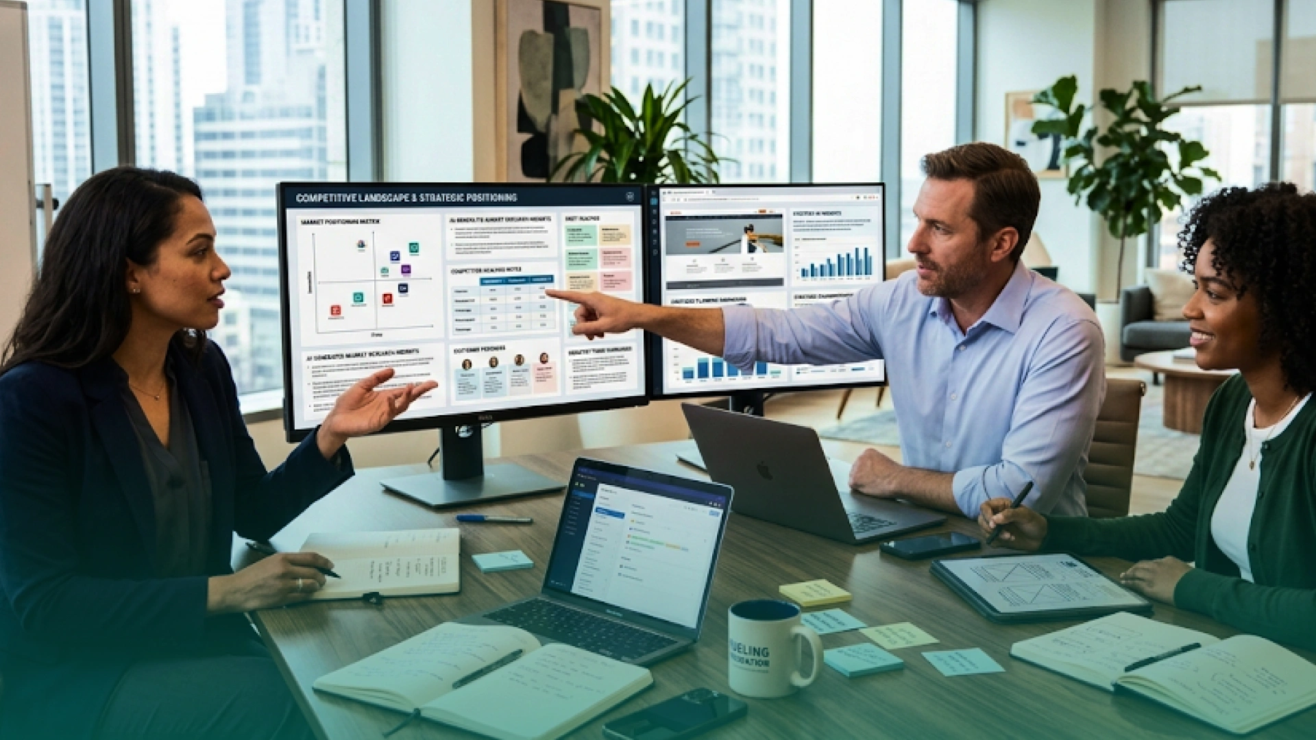 Startup leadership team reviewing competitive positioning, website strategy, and performance data on office monitors during a branding strategy session.
