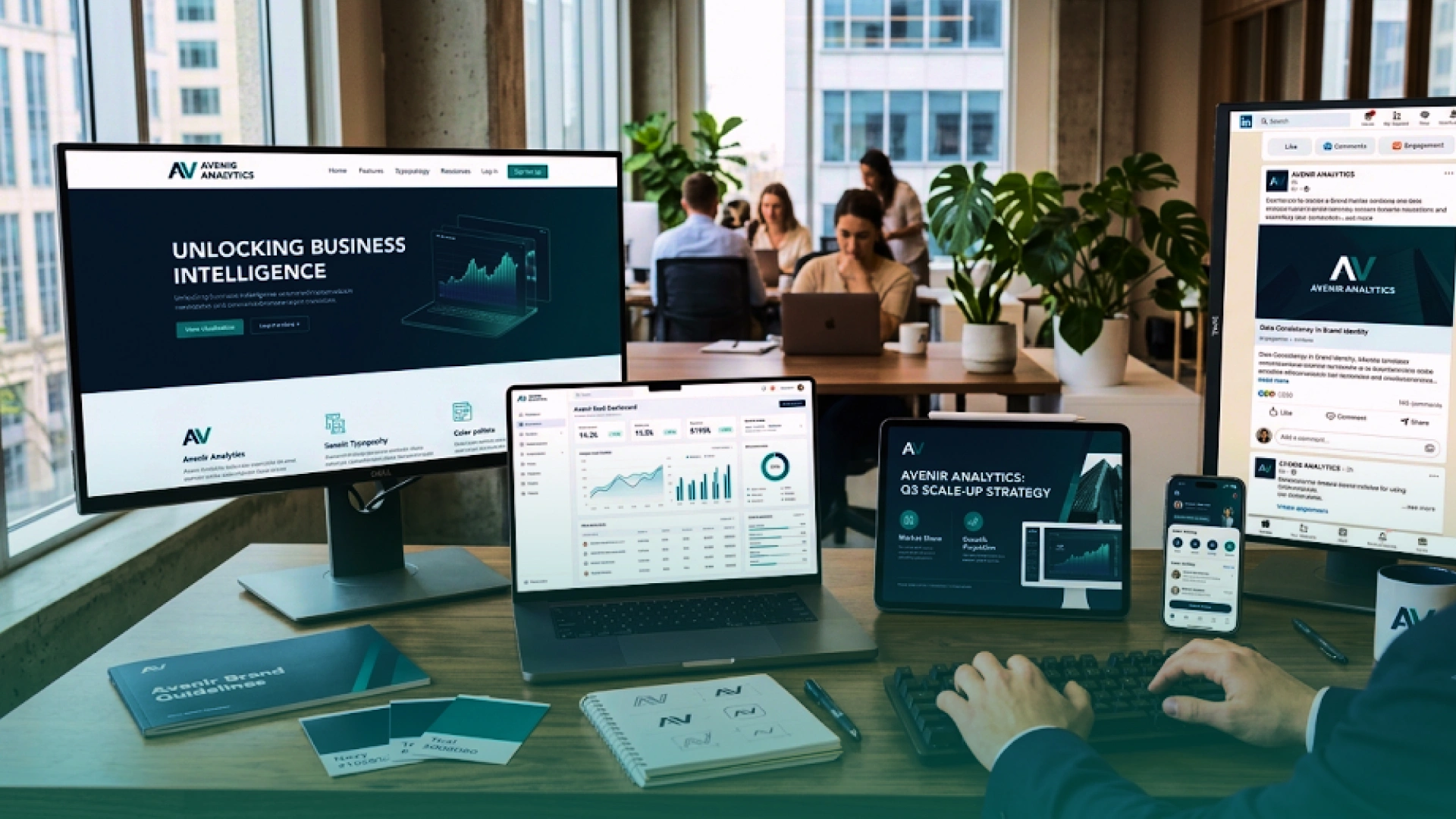 Consistent startup brand identity displayed across a website, analytics dashboard, tablet, mobile app, social media page, printed materials, and branded merchandise.