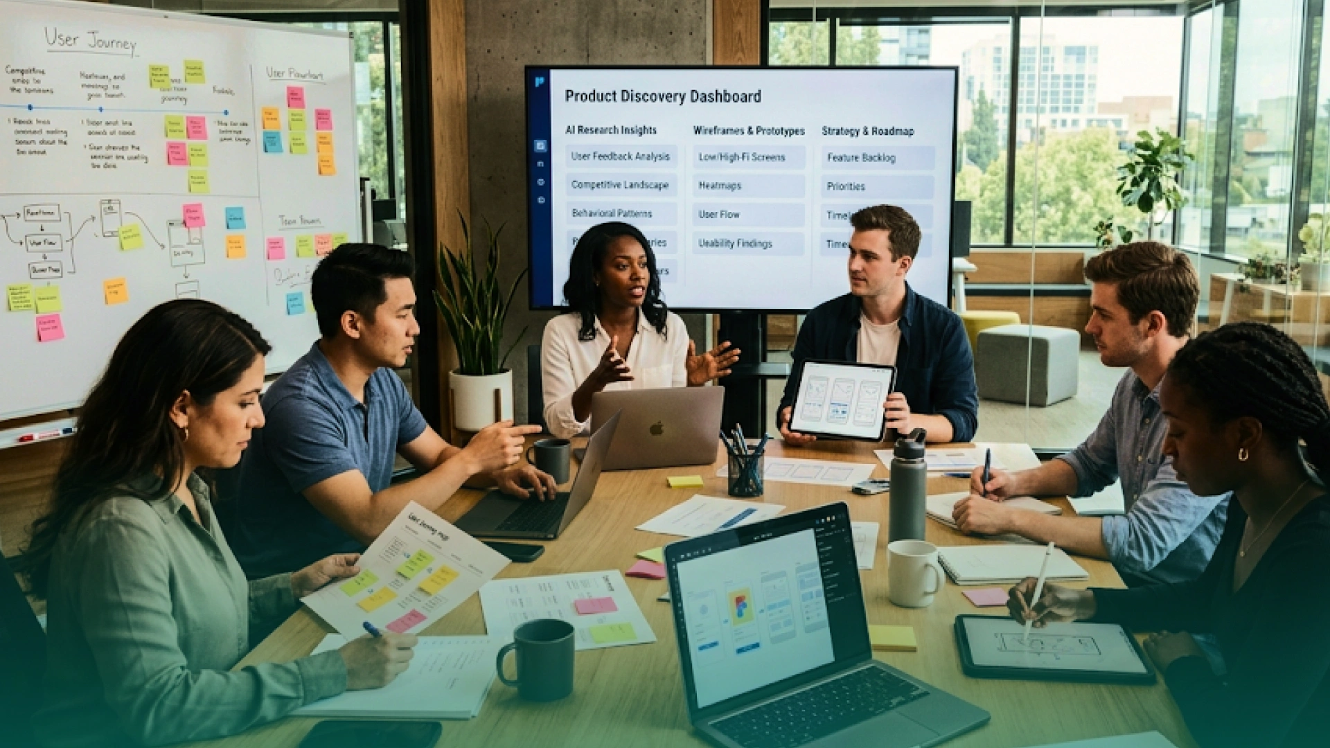 Product design team discussing user research, wireframes, prototypes, and AI-generated insights during a collaborative UI/UX planning session.