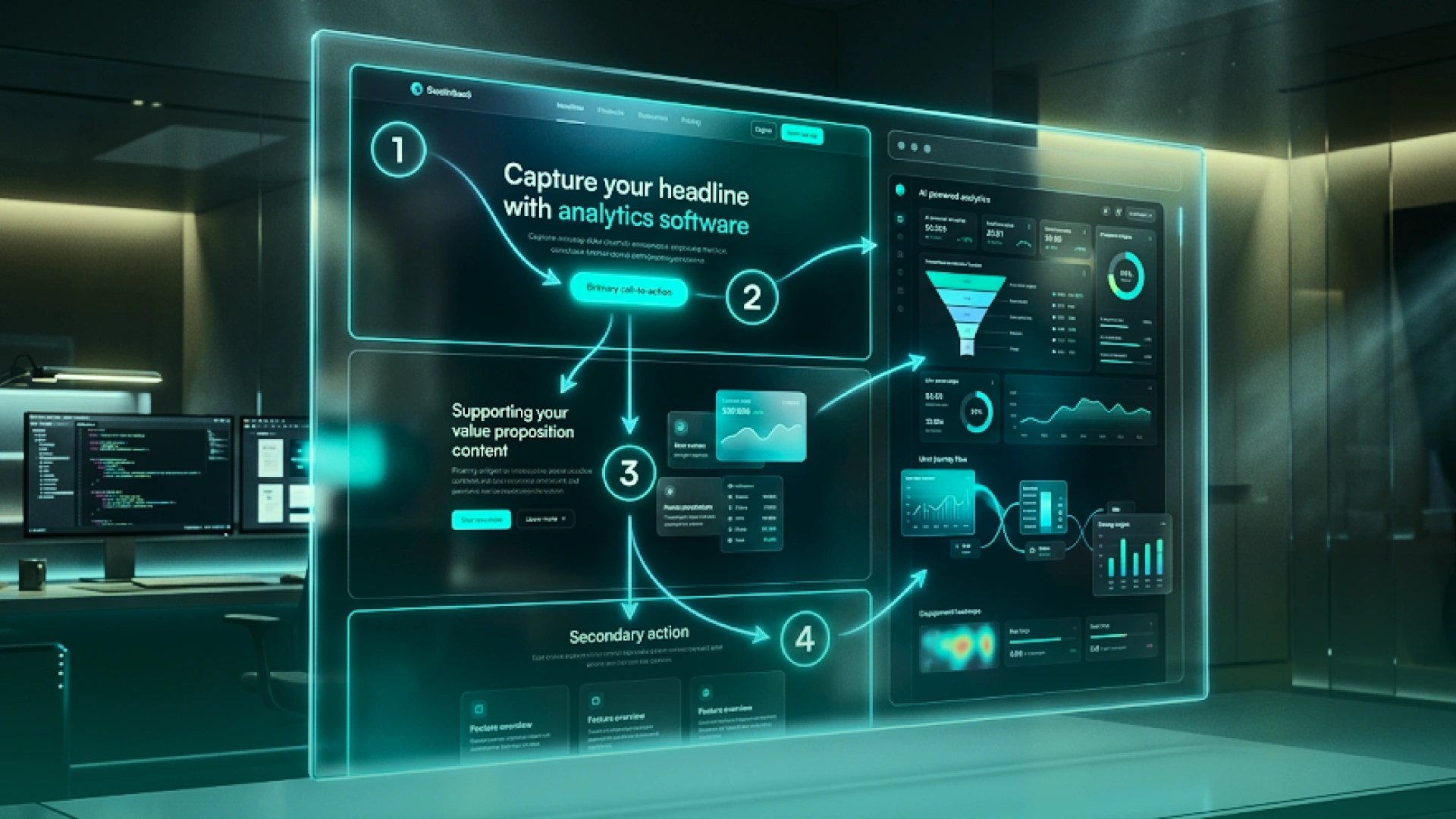 Futuristic product interface demonstrating visual hierarchy through numbered content sections, directional user flows, primary CTAs, and conversion analytics.