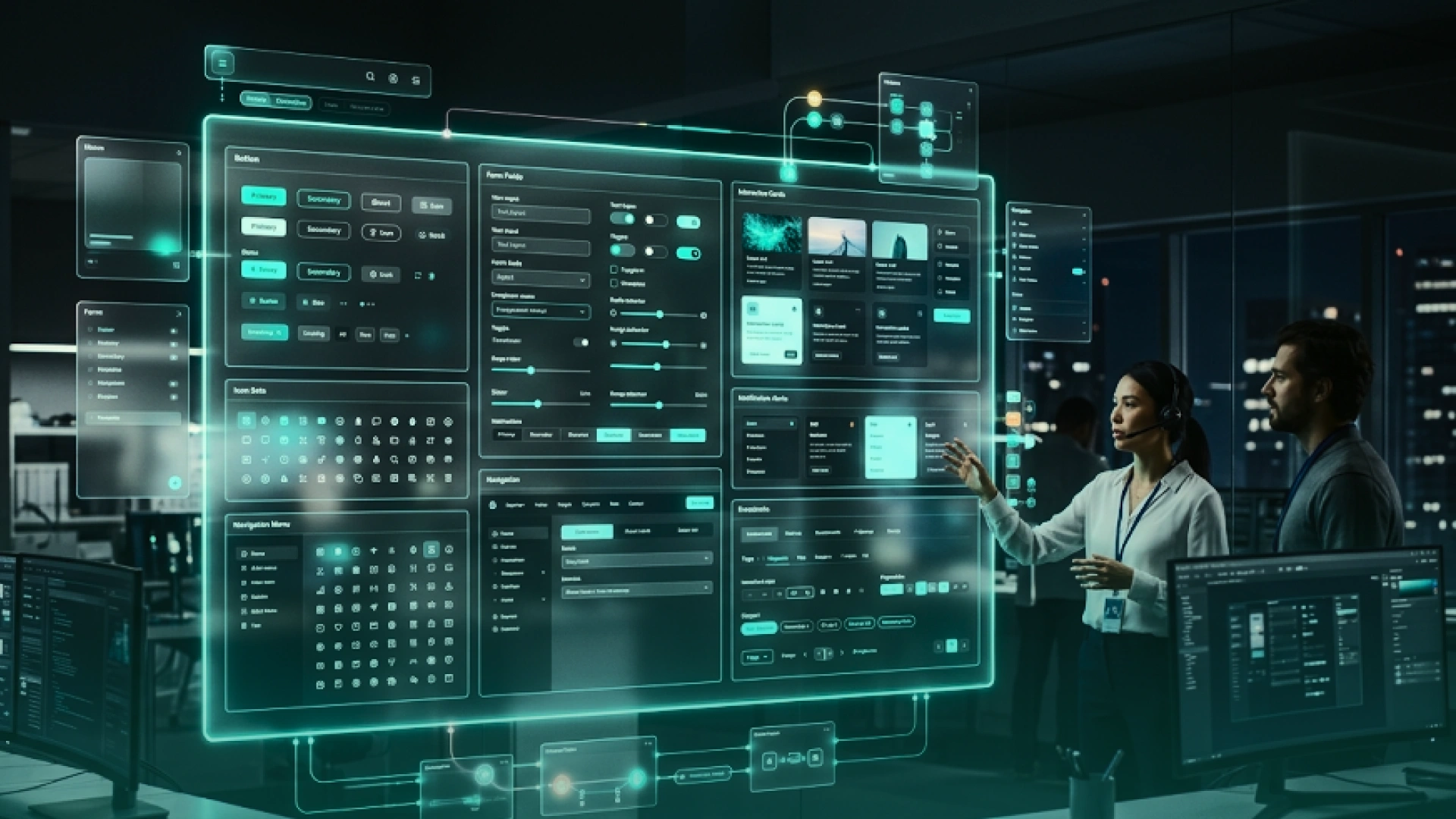 UI designers reviewing a digital design system containing consistent buttons, forms, icons, navigation patterns, cards, and interface components.