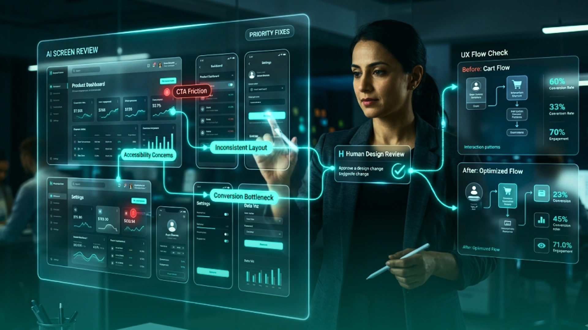 AI-first UI/UX review workflow showing a designer using AI to identify CTA friction, accessibility issues, inconsistent layouts, and conversion bottlenecks before human approval and UX optimization.