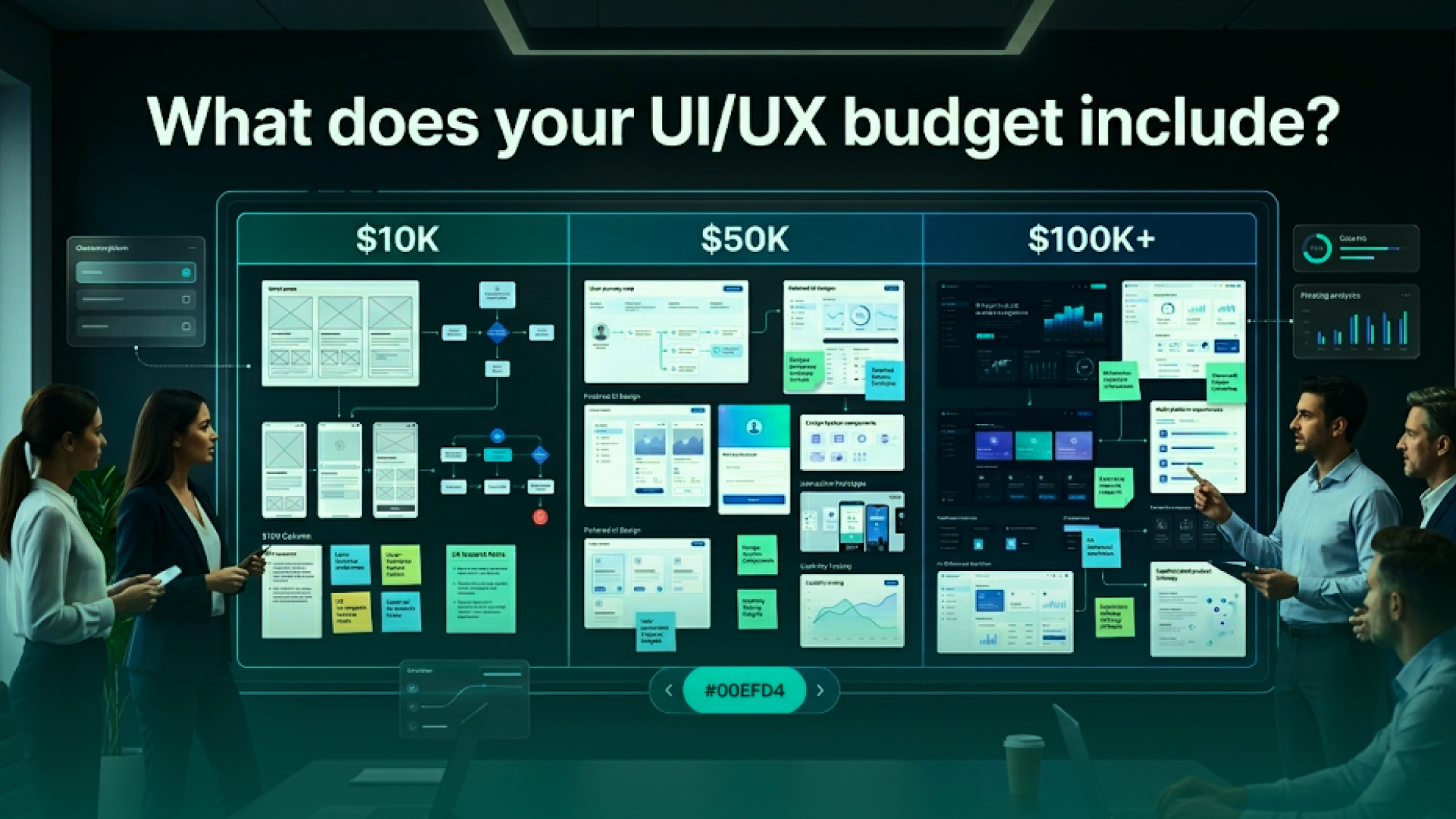 Product design team reviewing what UI/UX budgets of $10K, $50K, and $100K+ typically include.