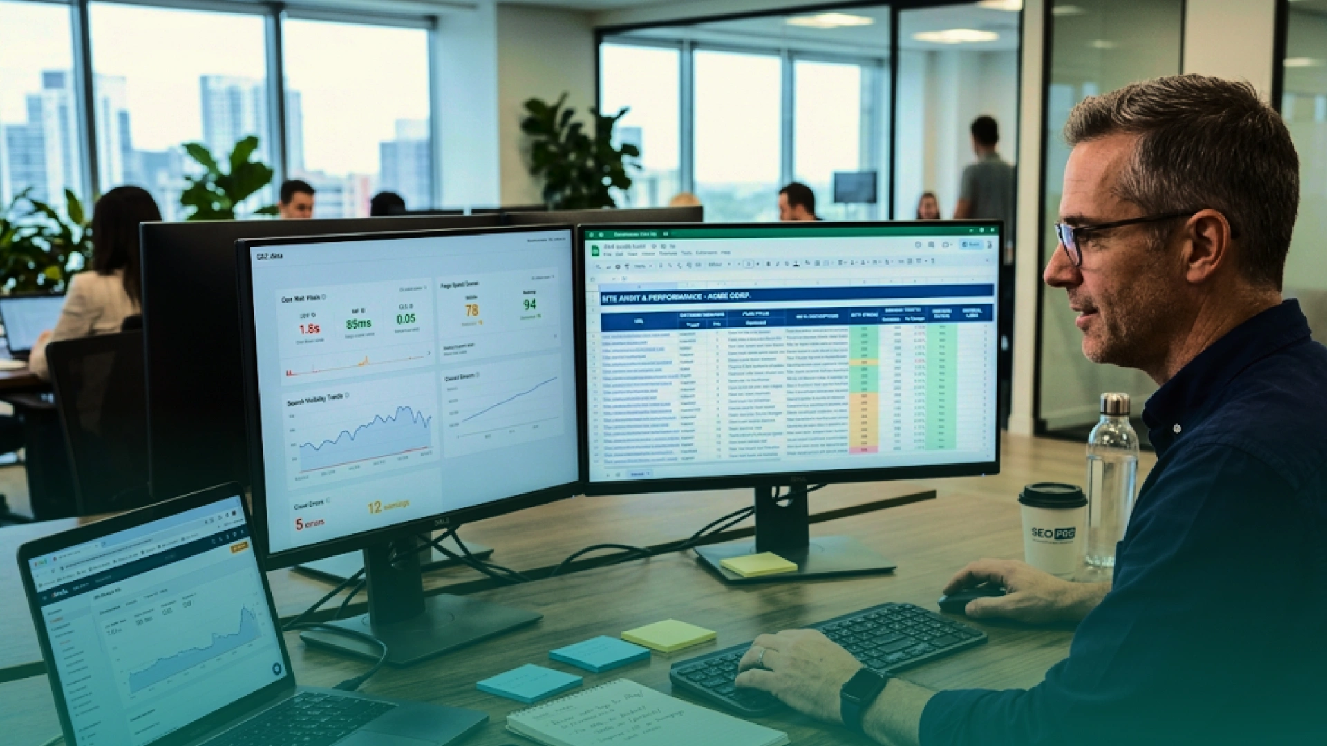 SEO specialist reviewing website performance, technical audit data, and analytics across multiple screens before a redesign.