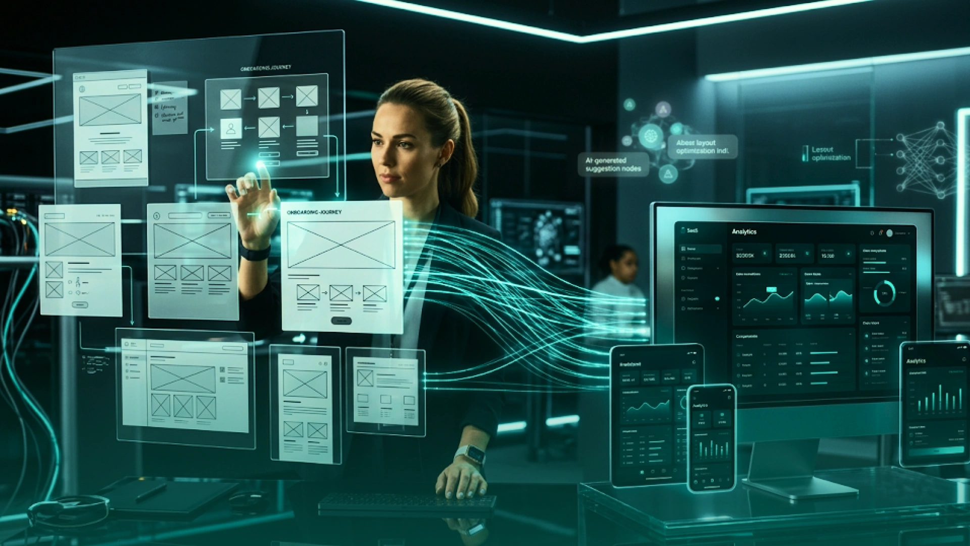 Product designer using AI-assisted wireframes and user flows to create responsive prototypes and analytics dashboards.