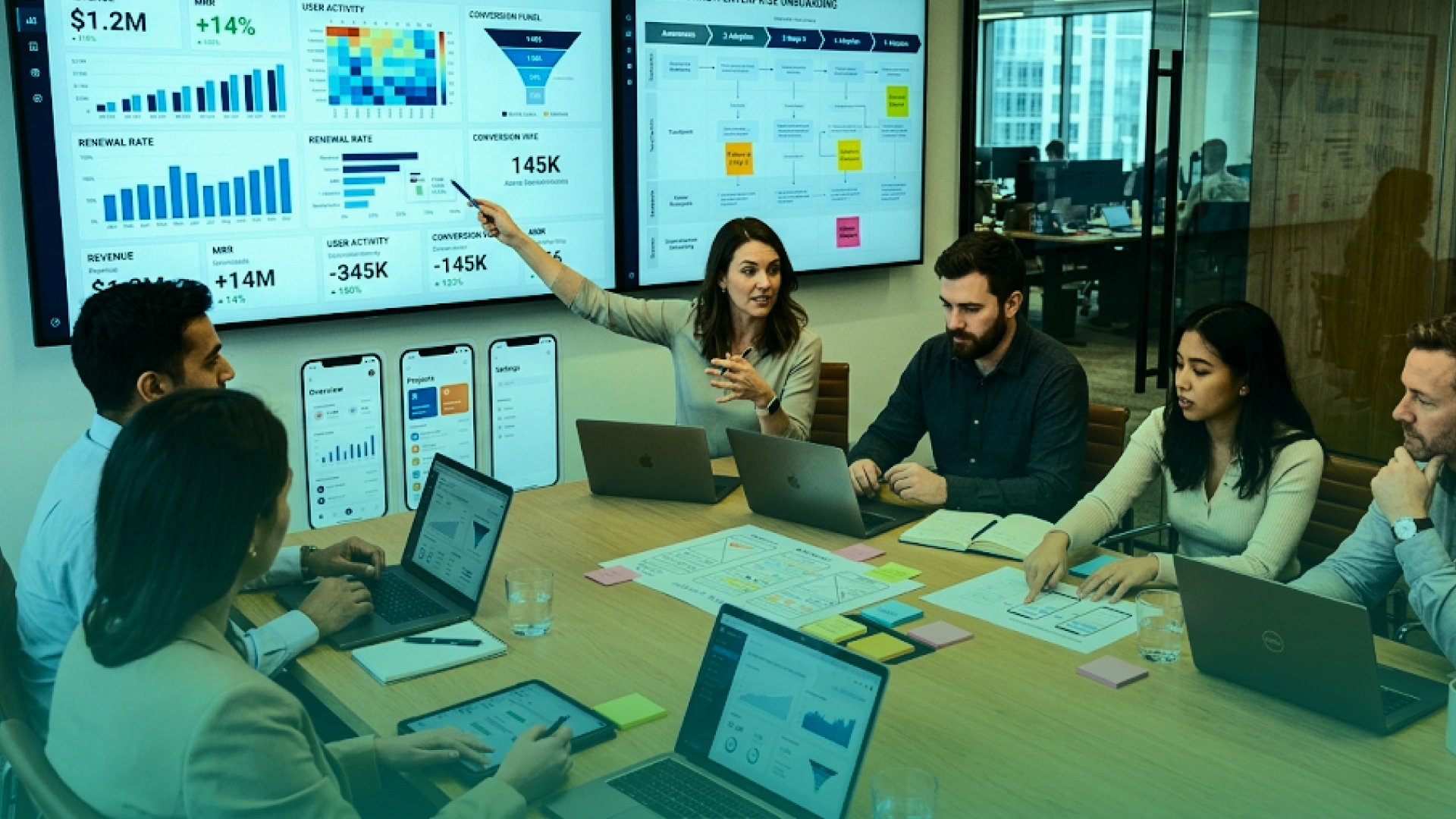 Dedicated UX/UI design team reviewing product analytics, user flows, and mobile interface designs during a collaborative workshop.