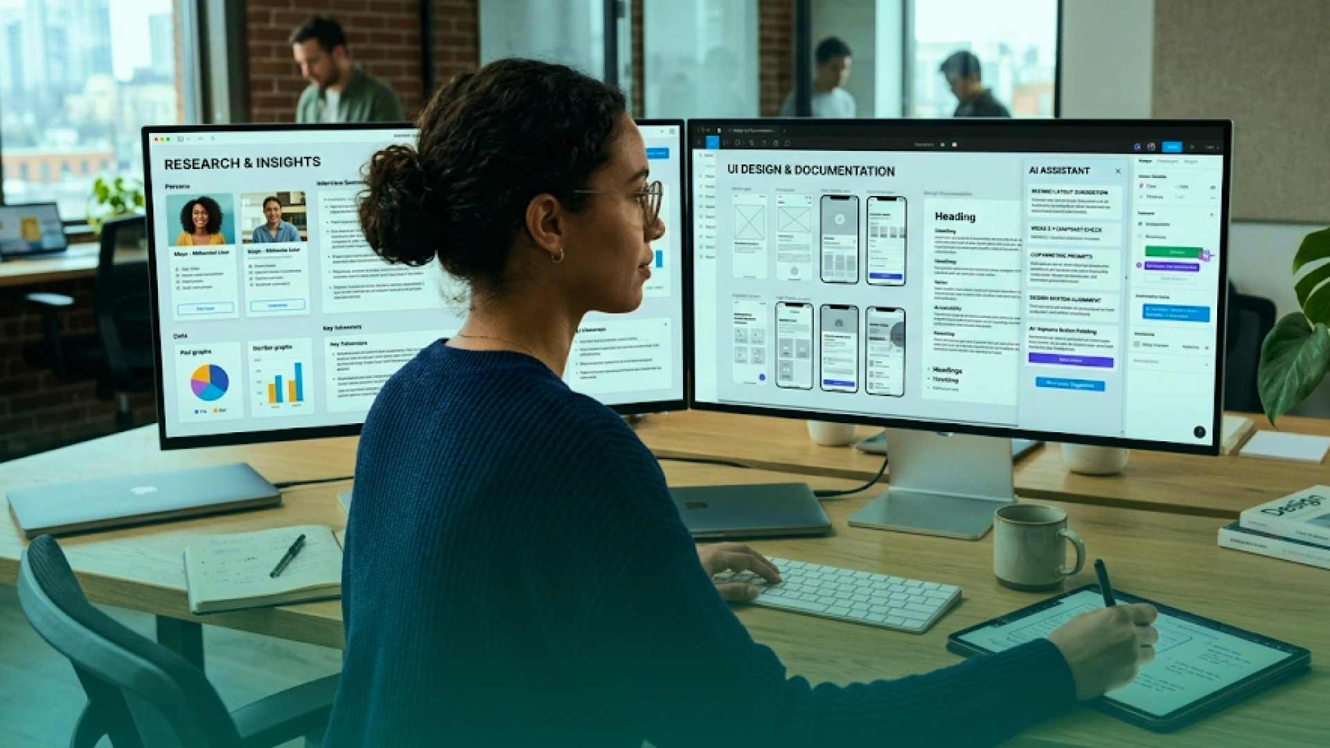 UX designer using AI-assisted research, UI design, and documentation tools across multiple screens.