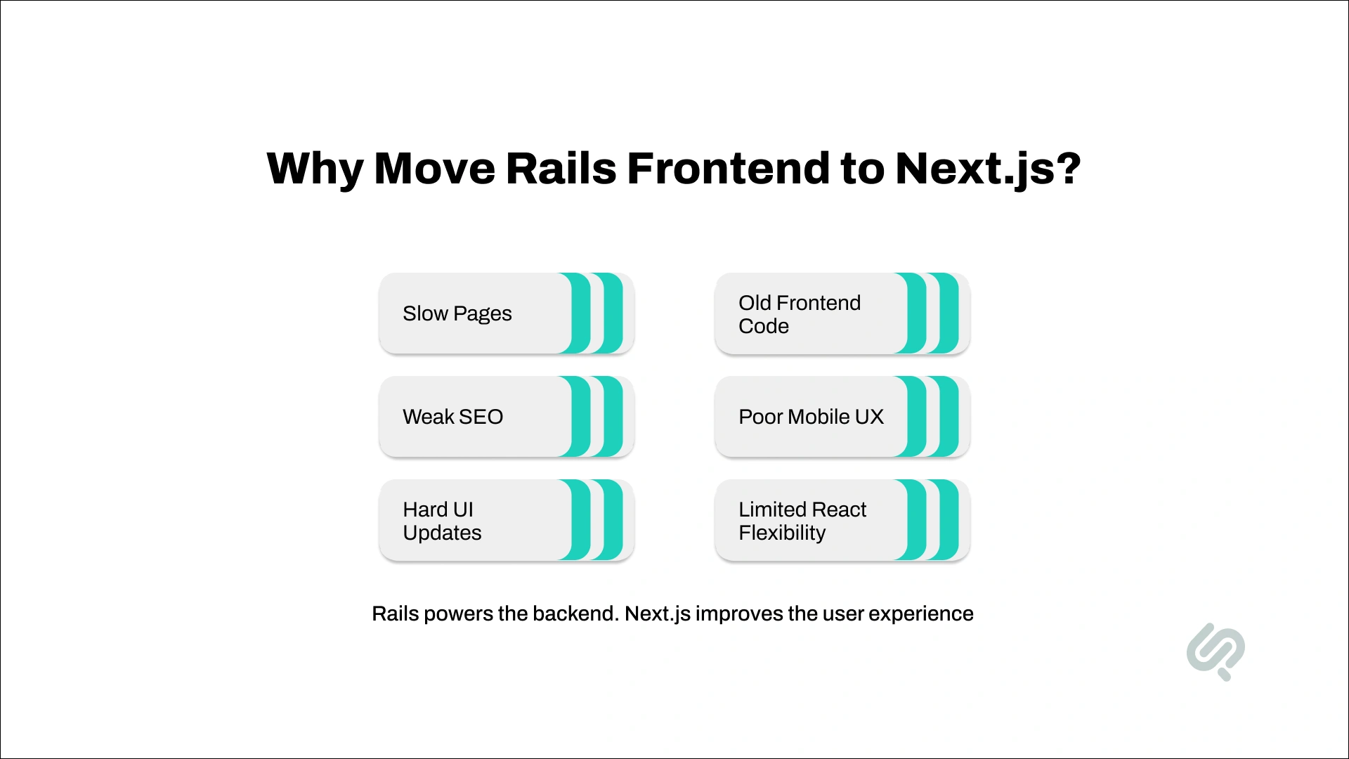 Reasons to migrate a Rails frontend to Next.js including slow pages, weak SEO, outdated frontend code, poor mobile UX, and limited React flexibility.