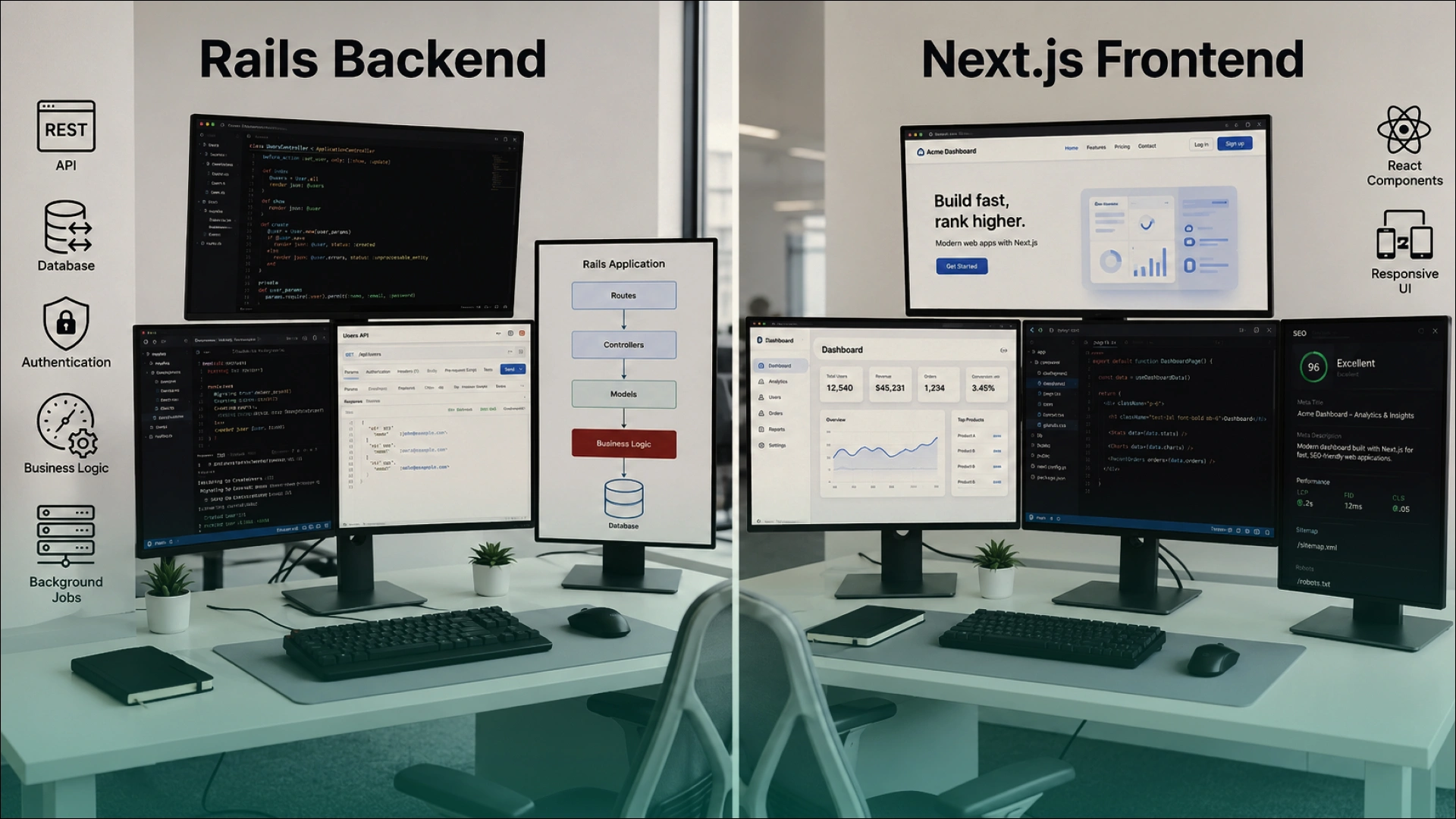 Ruby on Rails backend with APIs, database, authentication, and business logic connected to a Next.js frontend with React components and responsive UI.